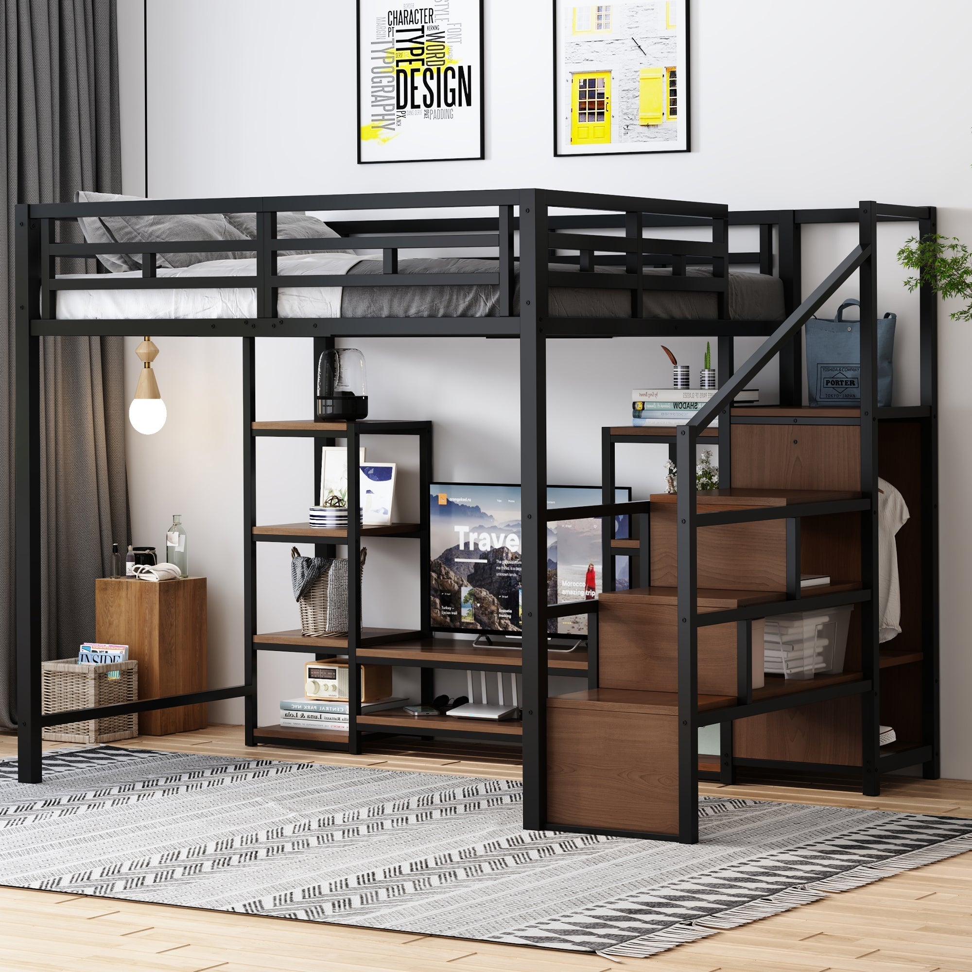 Loft Bed 140x200 TV Stand Power Outlet Safety Ladder, Metal/Wood Black