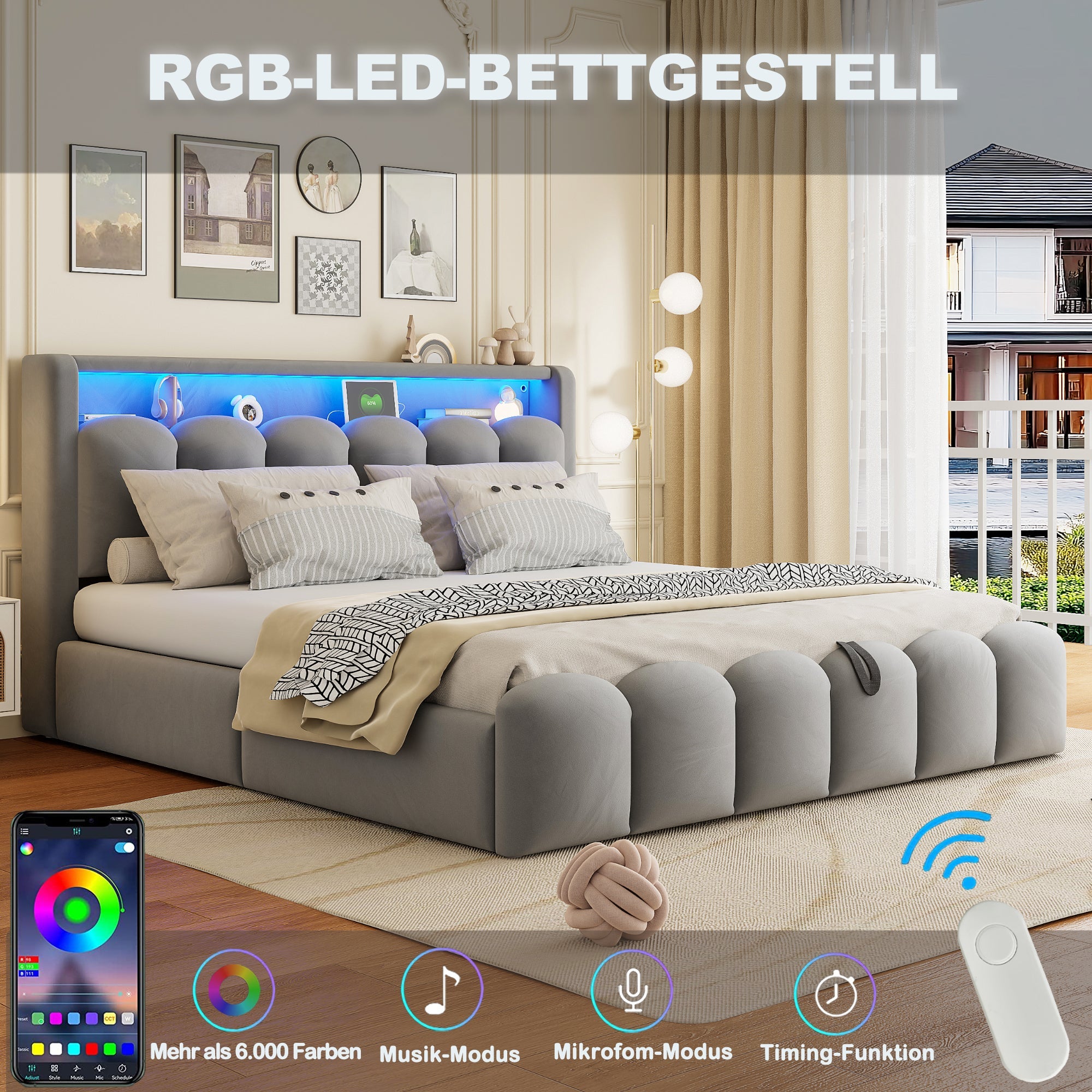 Upholstered Bed 180x200 Hydraulic Storage Headboard USB LED, Velvet Grey