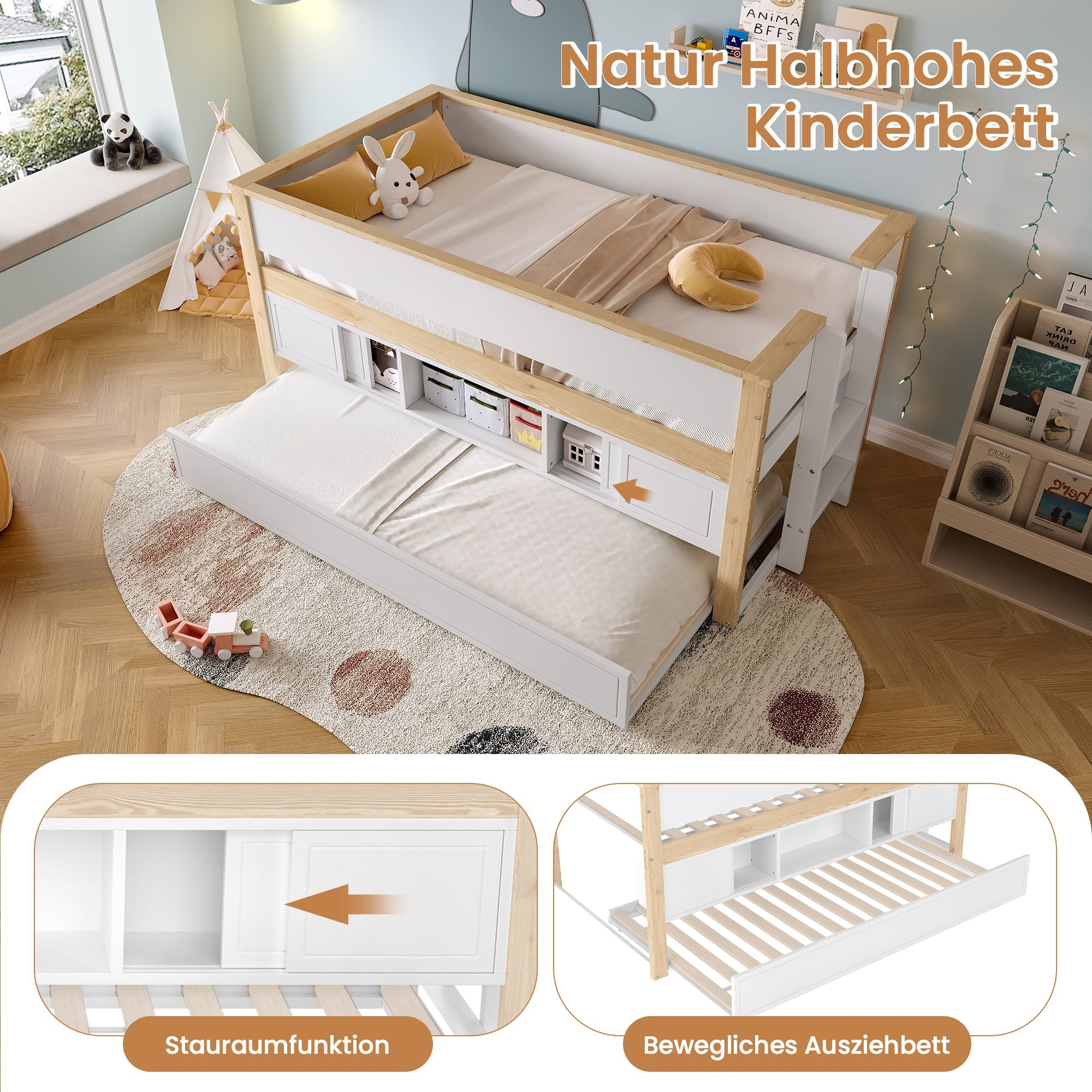 Mid-height Bed with Pull-Out Bed Storage 90x200cm, White + Natural