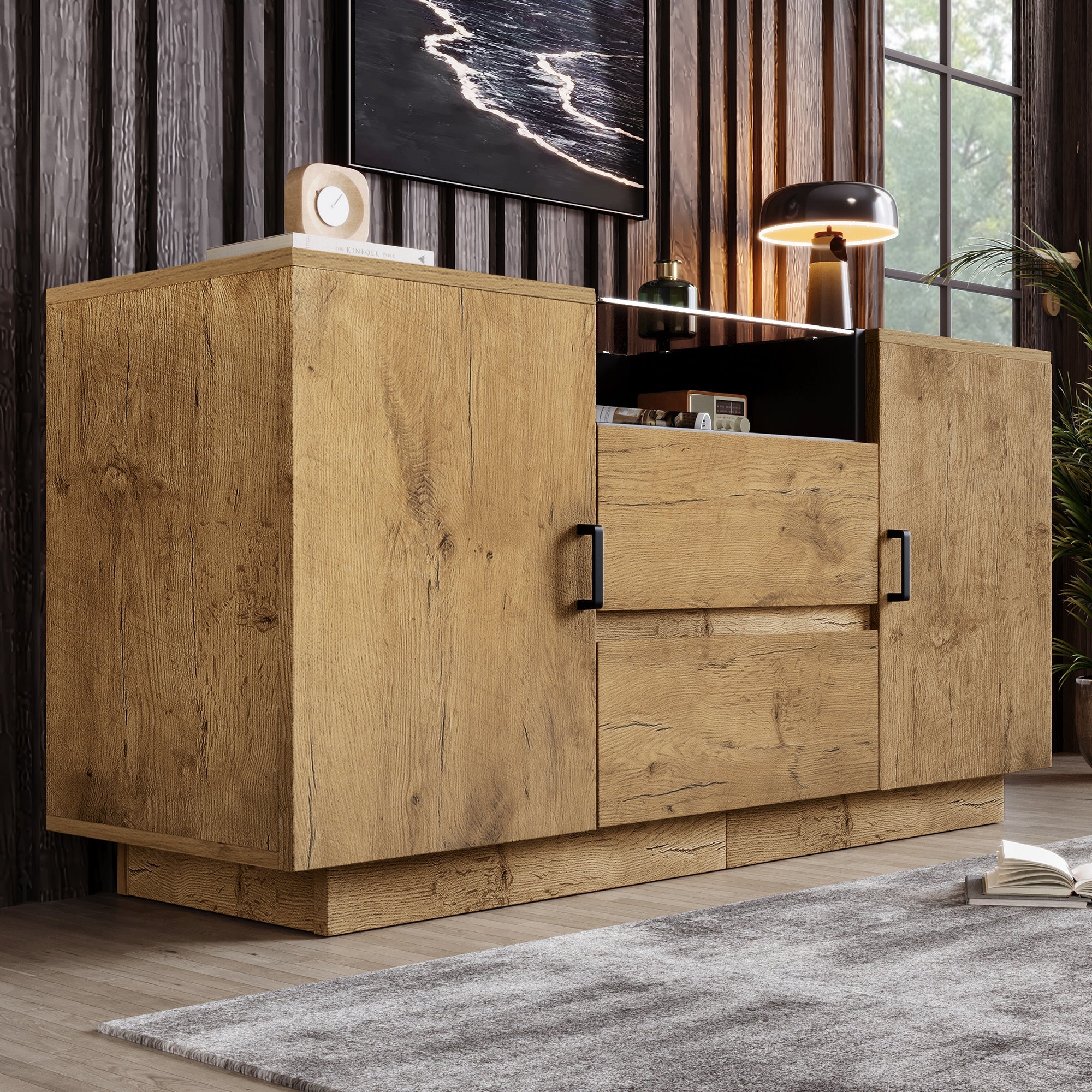 Chest of Drawers Sideboard, 2 Drawers, 2 Cabinets, Open Compartment, Oak-look with Black Handles