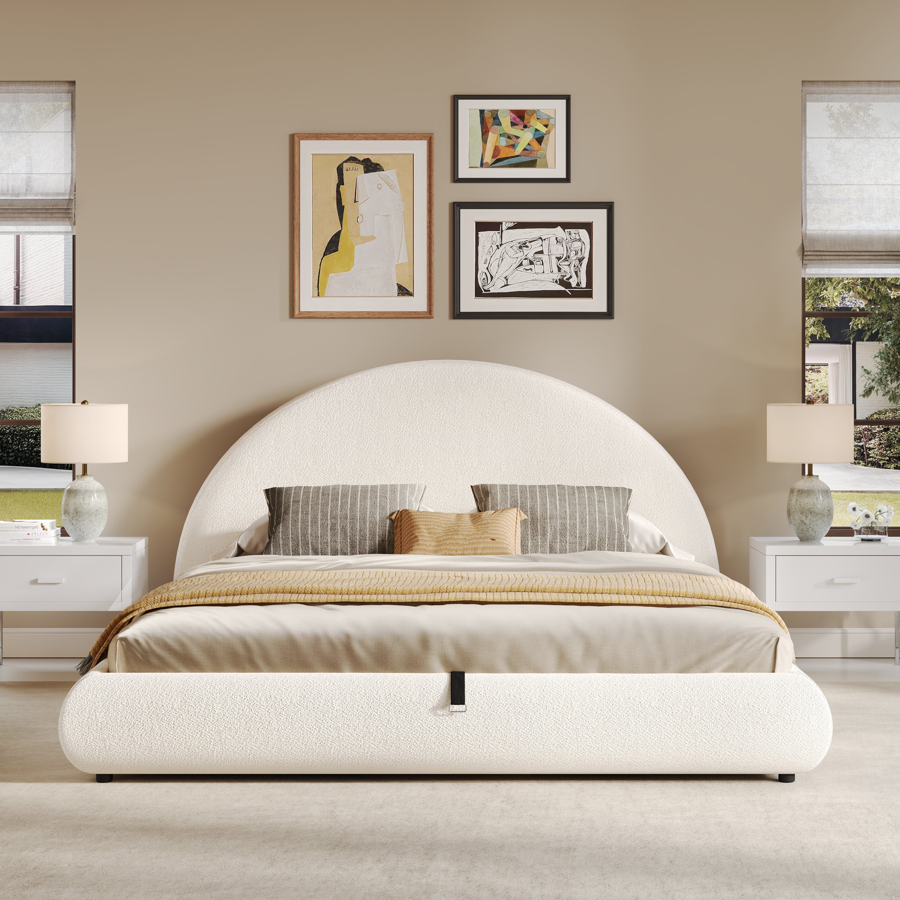 Upholstered Double Bed with Hydraulic Storage and Slatted Frame, 180x200cm, White Bouclé