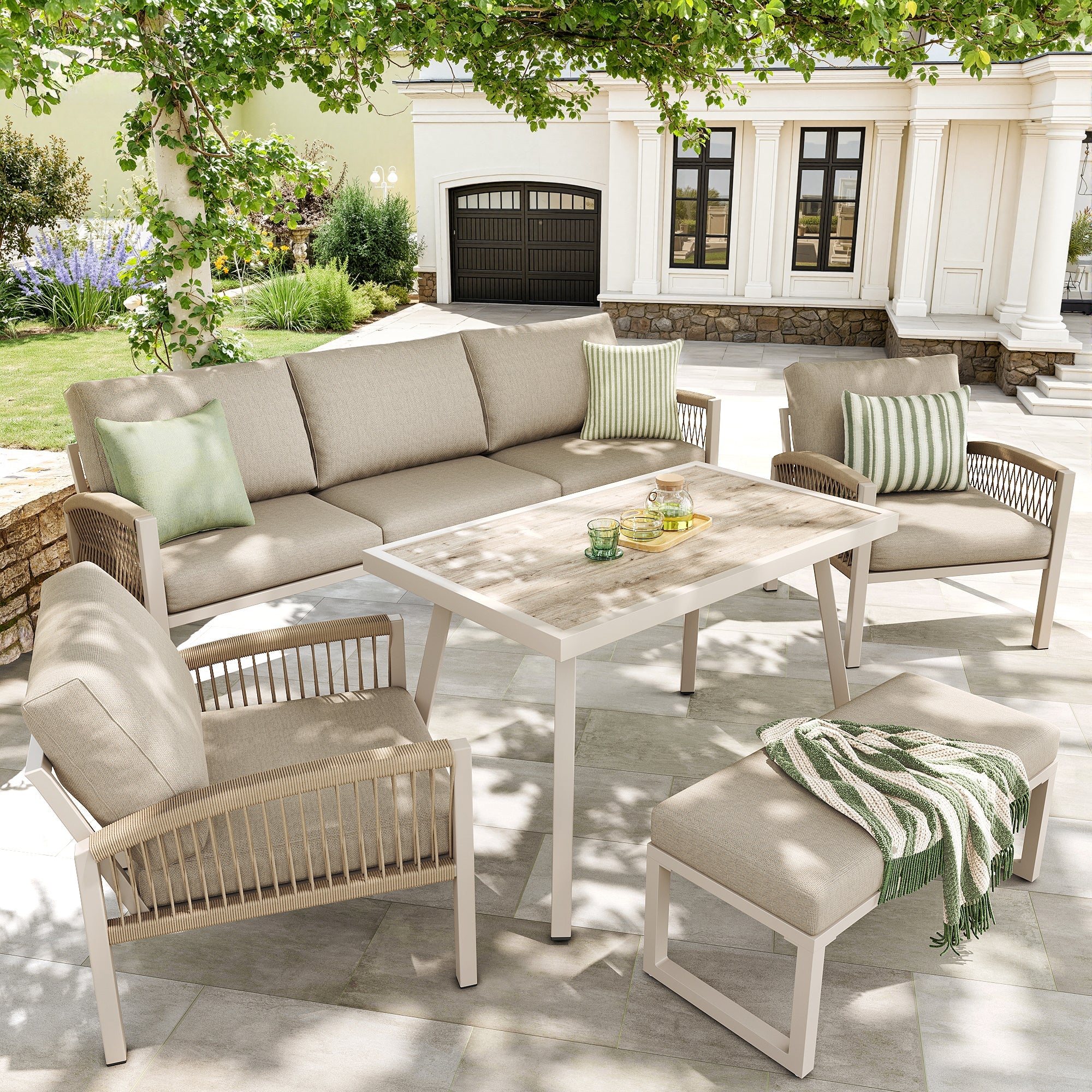 Handwoven Garden Sofa Set 7-Seater with Table 2 Armchairs Weatherproof - Beige/Iron Frame