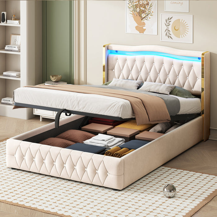 Upholstered Bed, 140x200cm, LED, Hydraulic Storage, Velvet Fabric, Beige