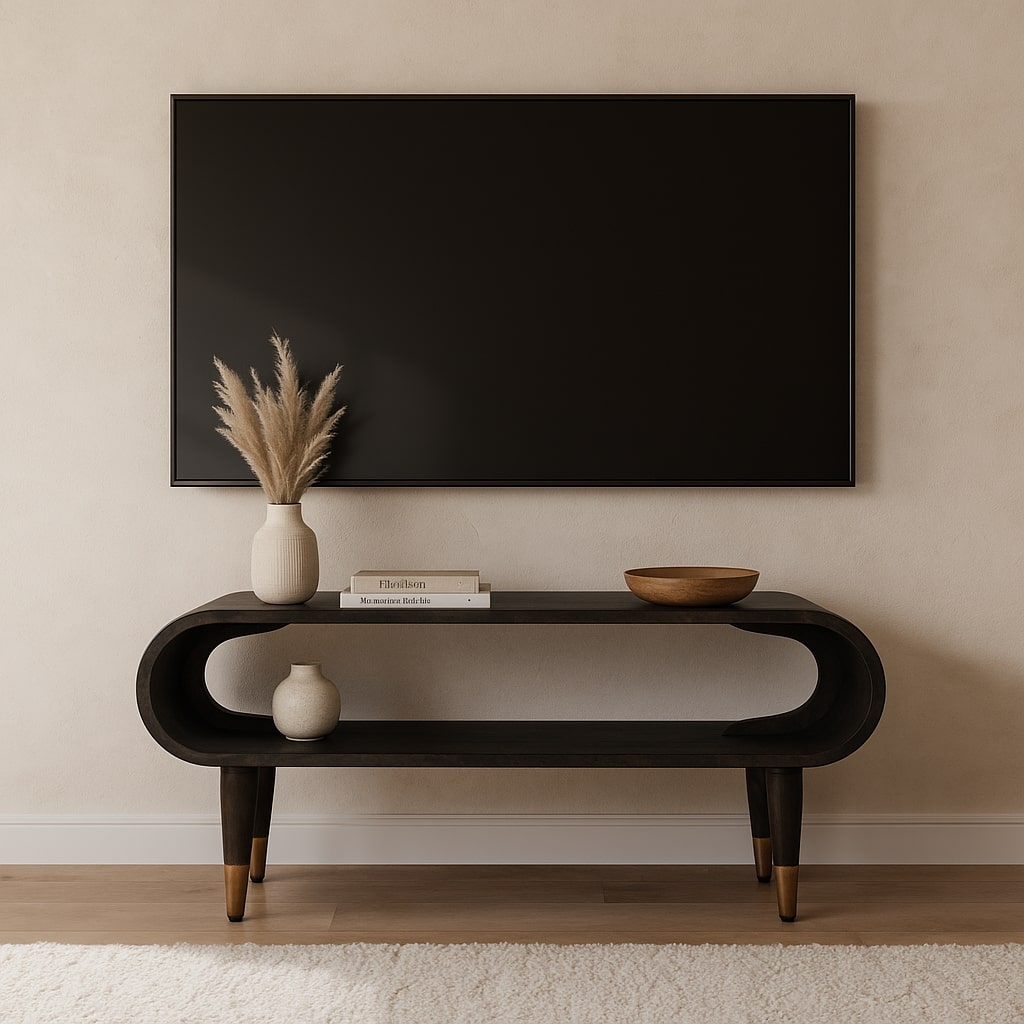 Solid Wood Media Console with Curved Edge, Brass Accents, 1 Slot, Dark Brown