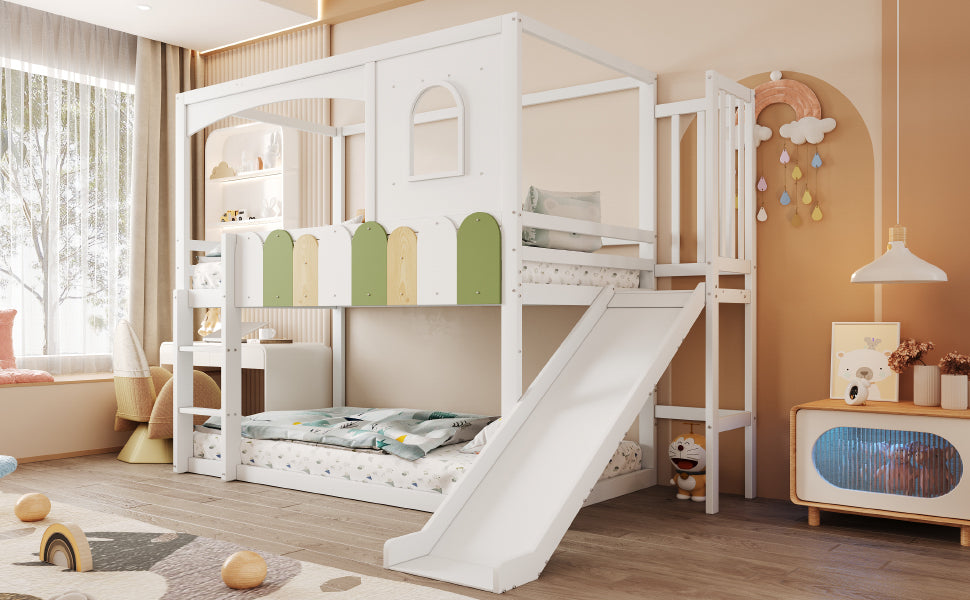 Children's House Loft Bed 90x200cm with Slide Safety Ladder White