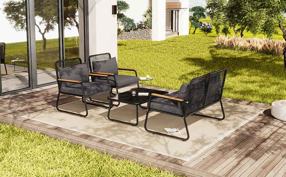 Garden Lounge Set Sofa & Table for 4 Galvanized Iron Tempered Glass - Black