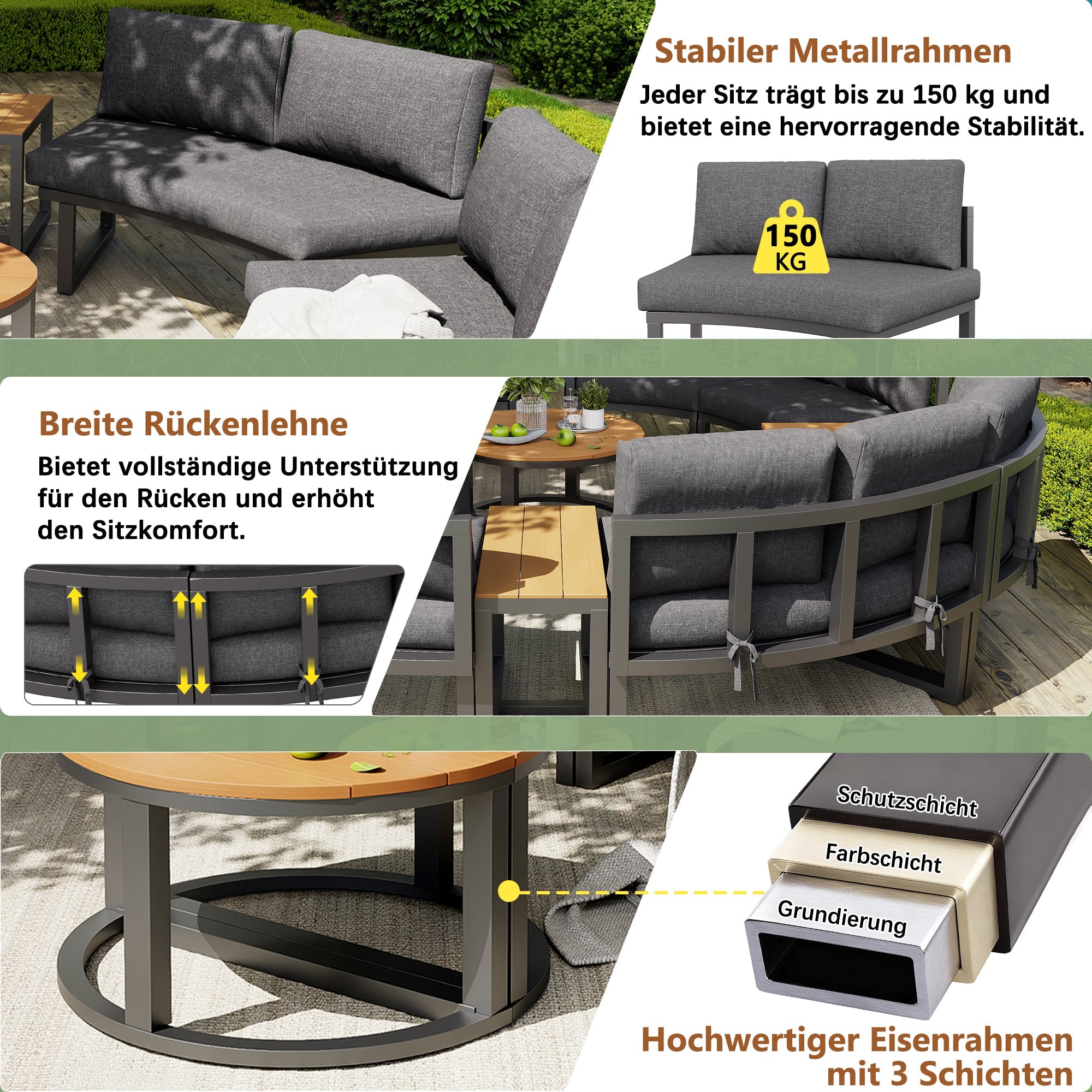 Garden Lounge Set 4-6 Seater Adjustable Legs Round Sofa - Grey