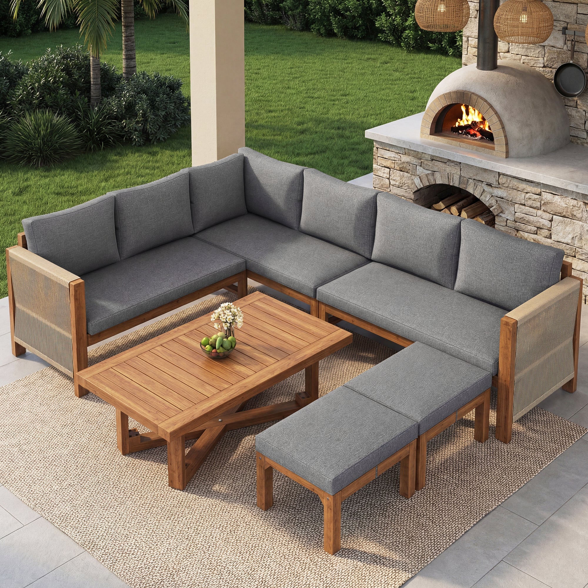 Modular Garden Furniture Set, 6-Seater Corner Sofa with 2 Stools and Table, Acacia Wood