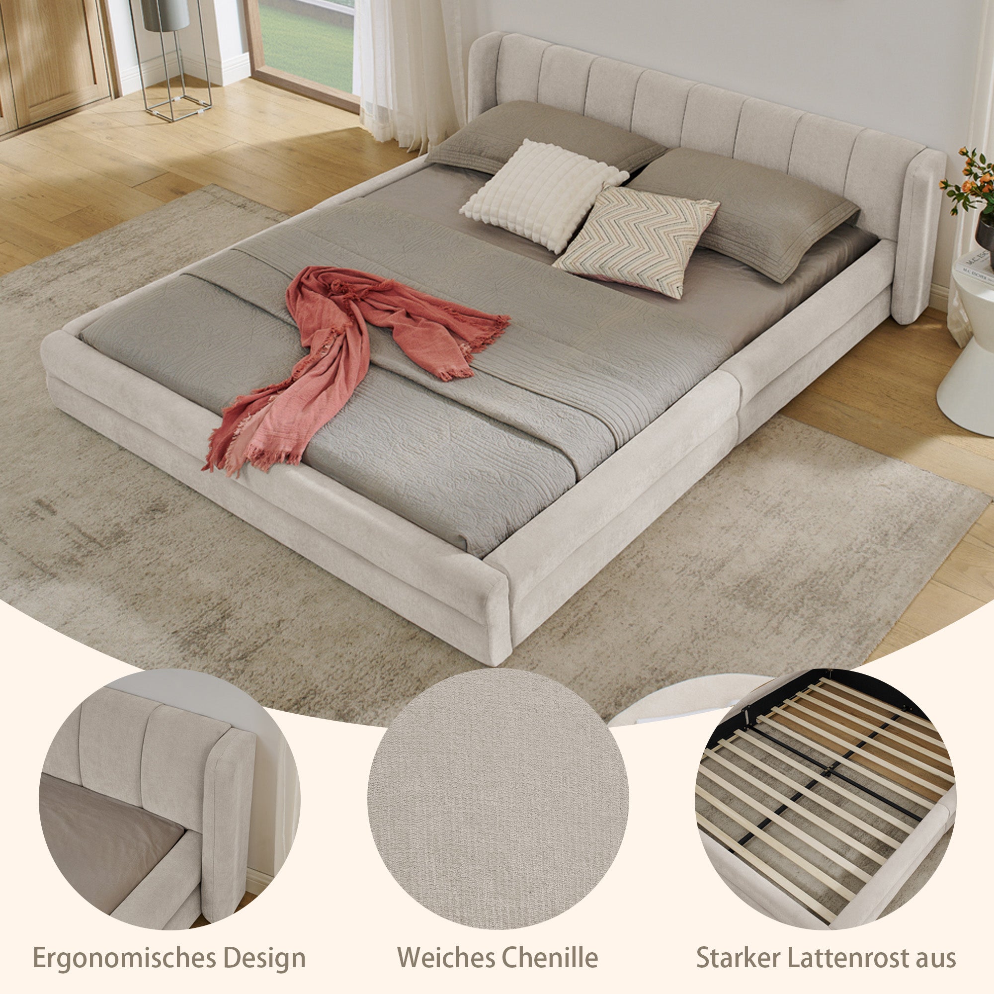 Double Bed 160x200cm Comfortable Backrest Sturdy Frame Easy Assemble Beige Chenille