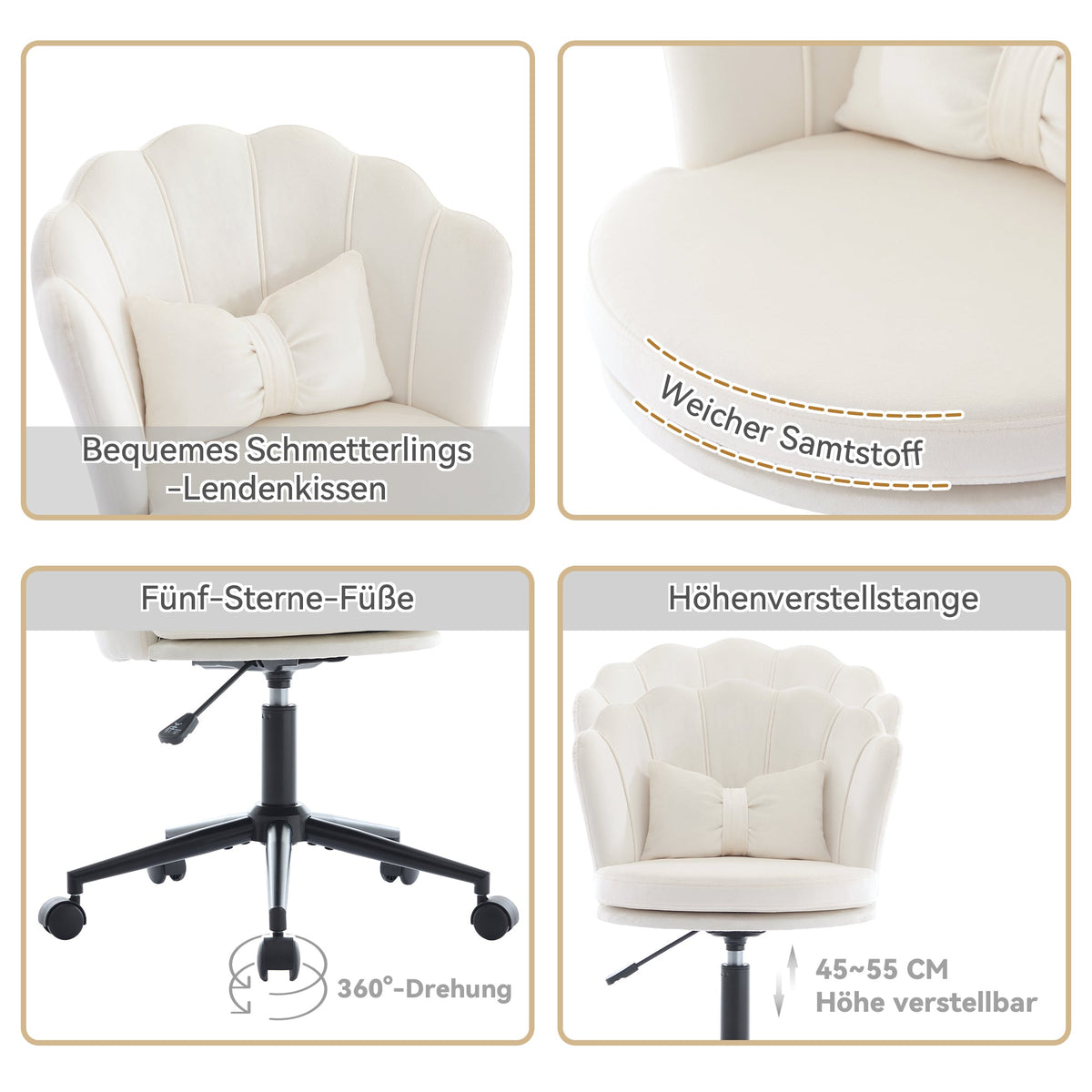 Dressing Office Chair, Petal Back Butterfly Lumbar Height Adjustable, Soft Cushion