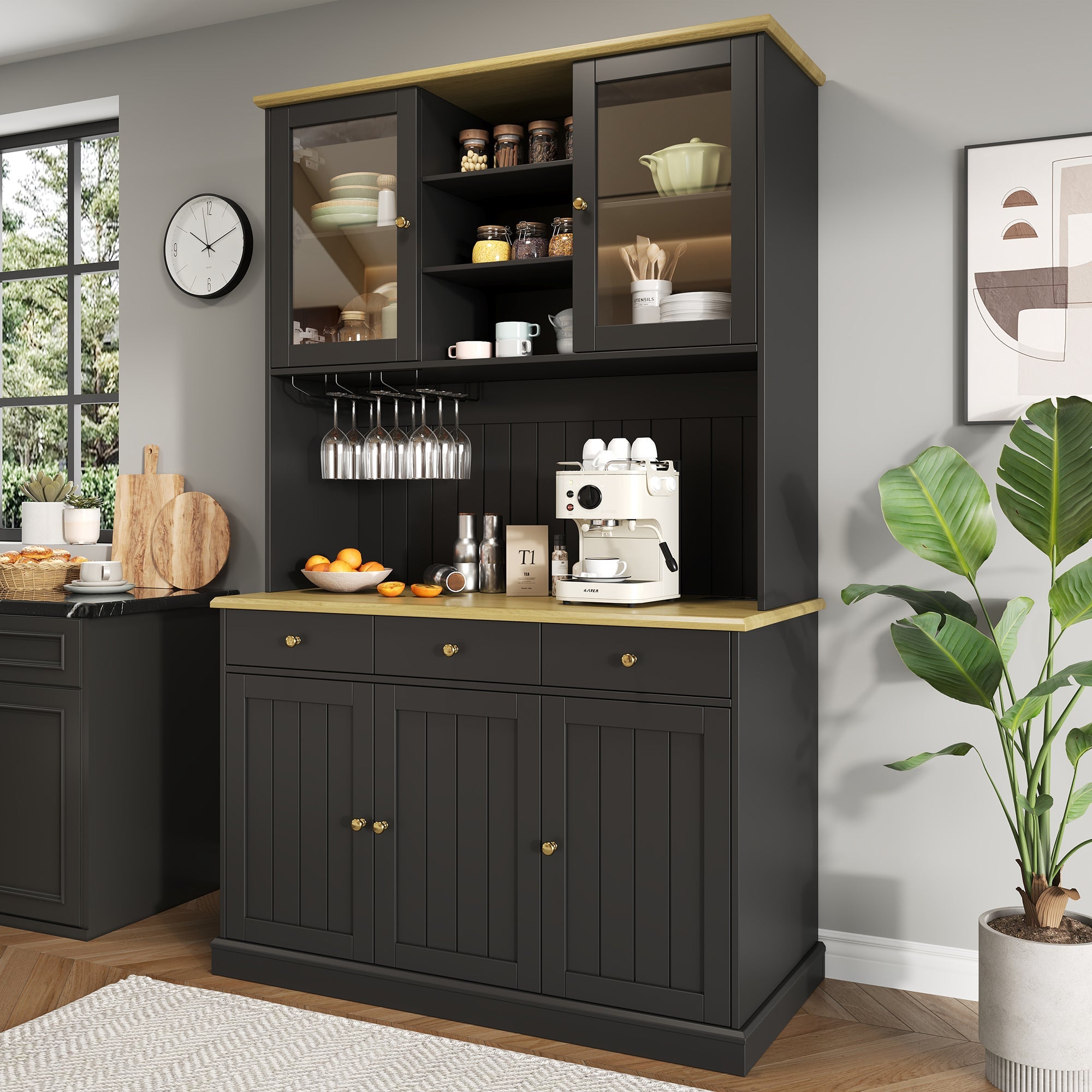 Sideboard Tall Cabinet with Glass Doors, Power Outlets & USB Ports, Black and Gold Handles