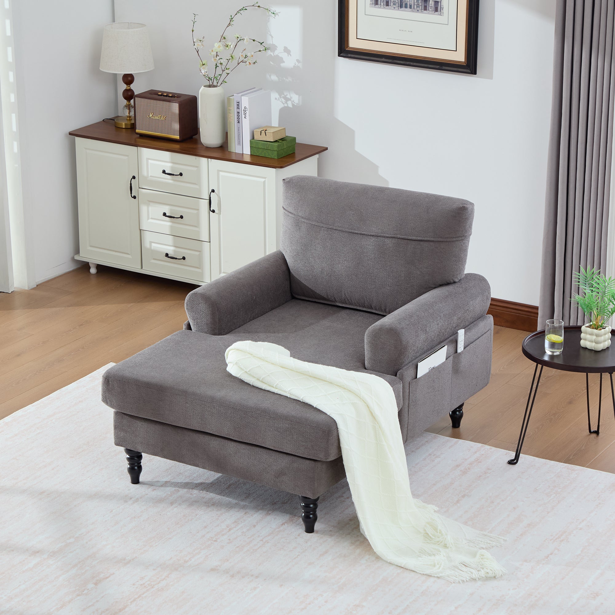 Modern Minimalist Lounger Single Sofa with Wooden Legs and Side Pockets, Chenille Fabric