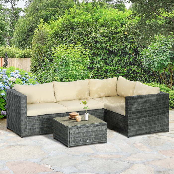 3 Pieces PE Rattan Garden Furniture Set, 4 Seater Corner Sofa, Glass Top Table, Beige