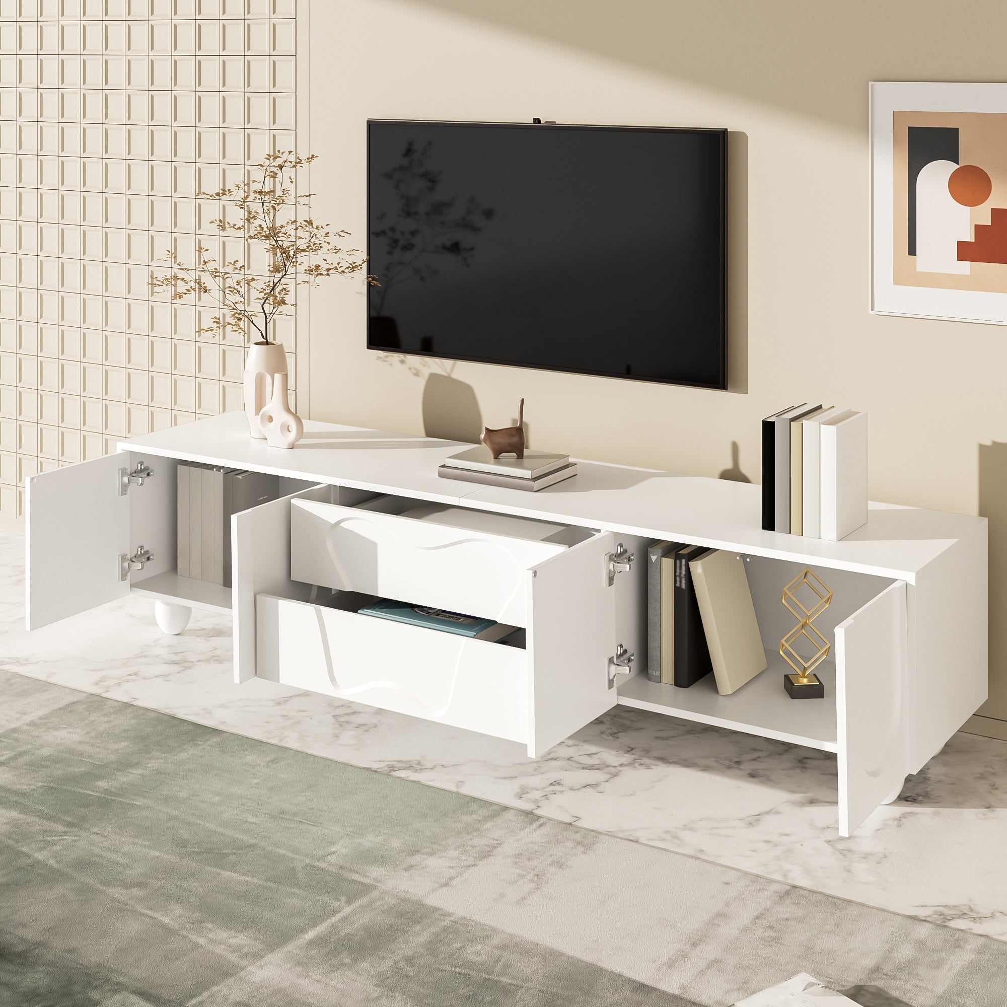 TV Cabinet, Minimalist Elegant with Storage, Wooden Legs White