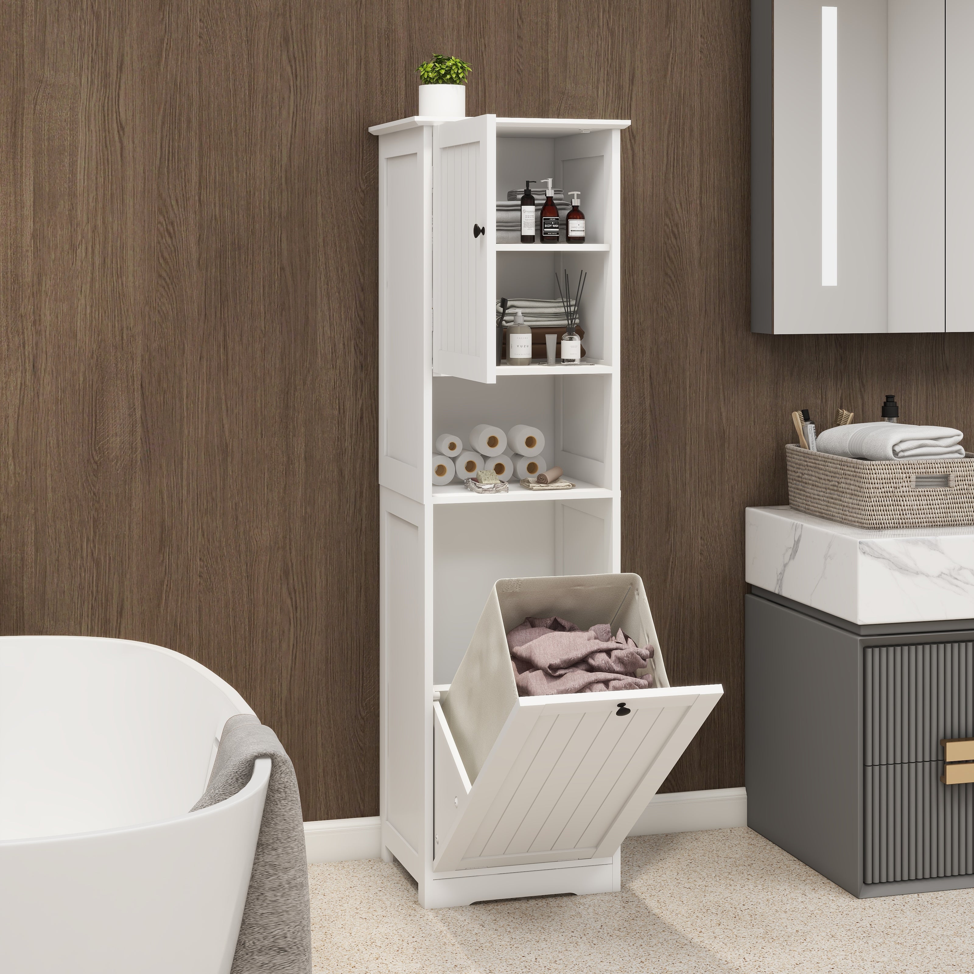 Laundry Sorter Cabinet, One-Compartment Tilt-Out Door, White