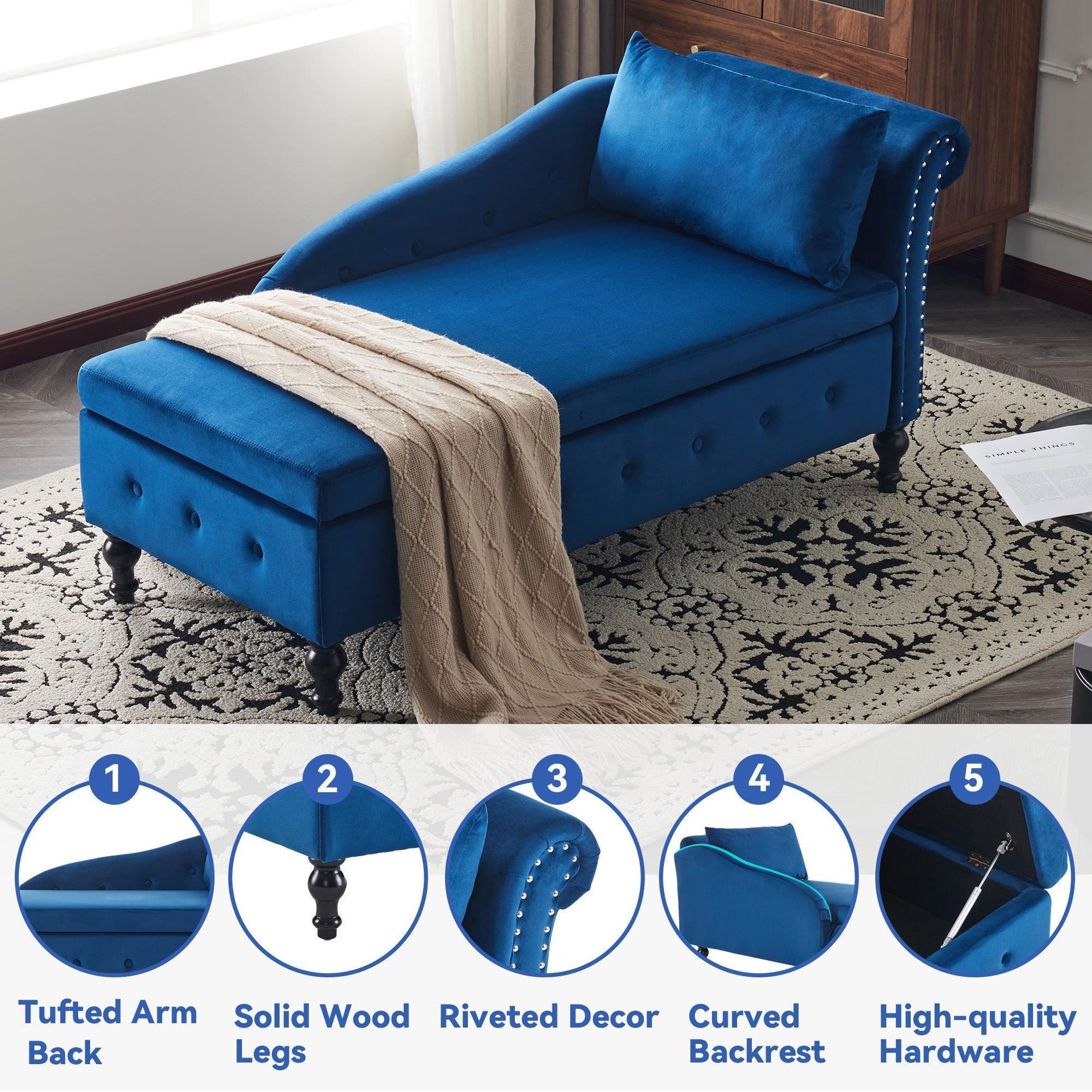 Velvet Chaise Lounge Sofa with Storage, Upholstered with Pillow, Modern Nailhead-Trim & Button-tufted, Right Armrest
