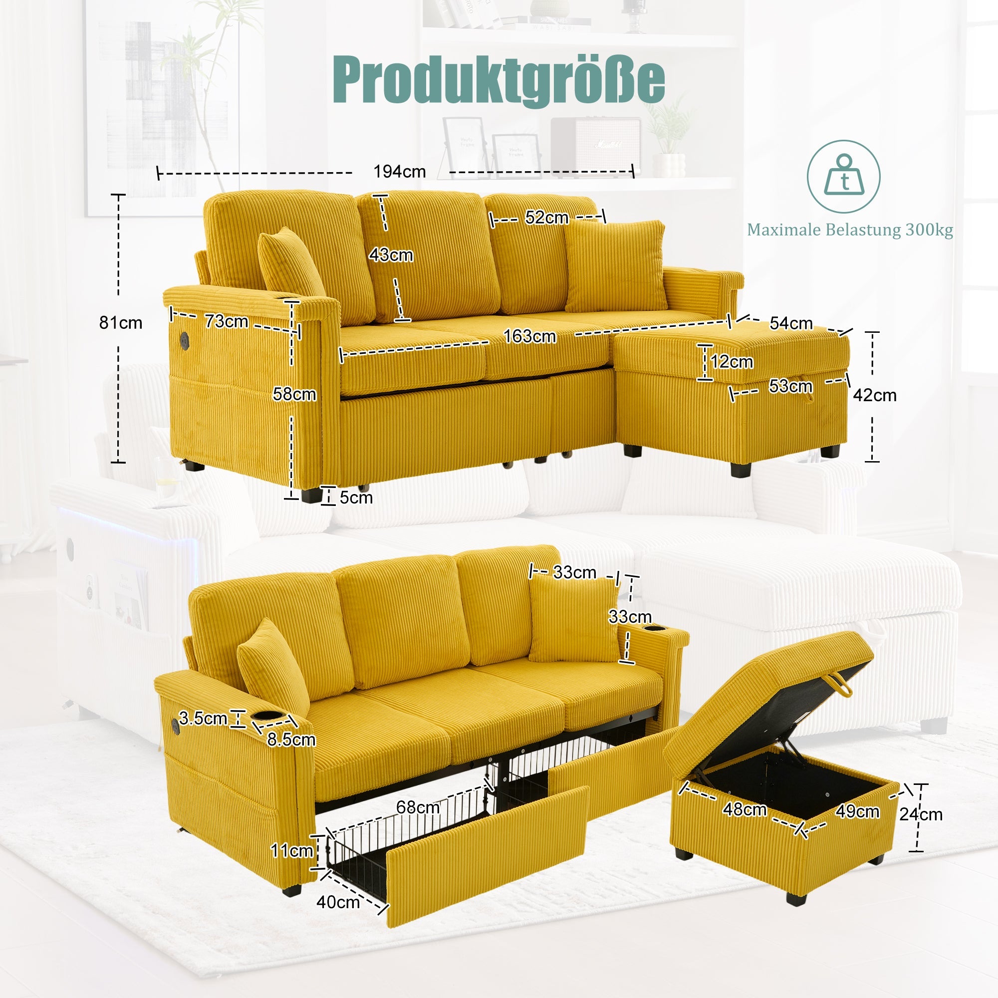 Velvet Sofa, LED Lighting, USB-C Port, Storage Footrest, Cup Holders, Side Pockets, Mustard Yellow