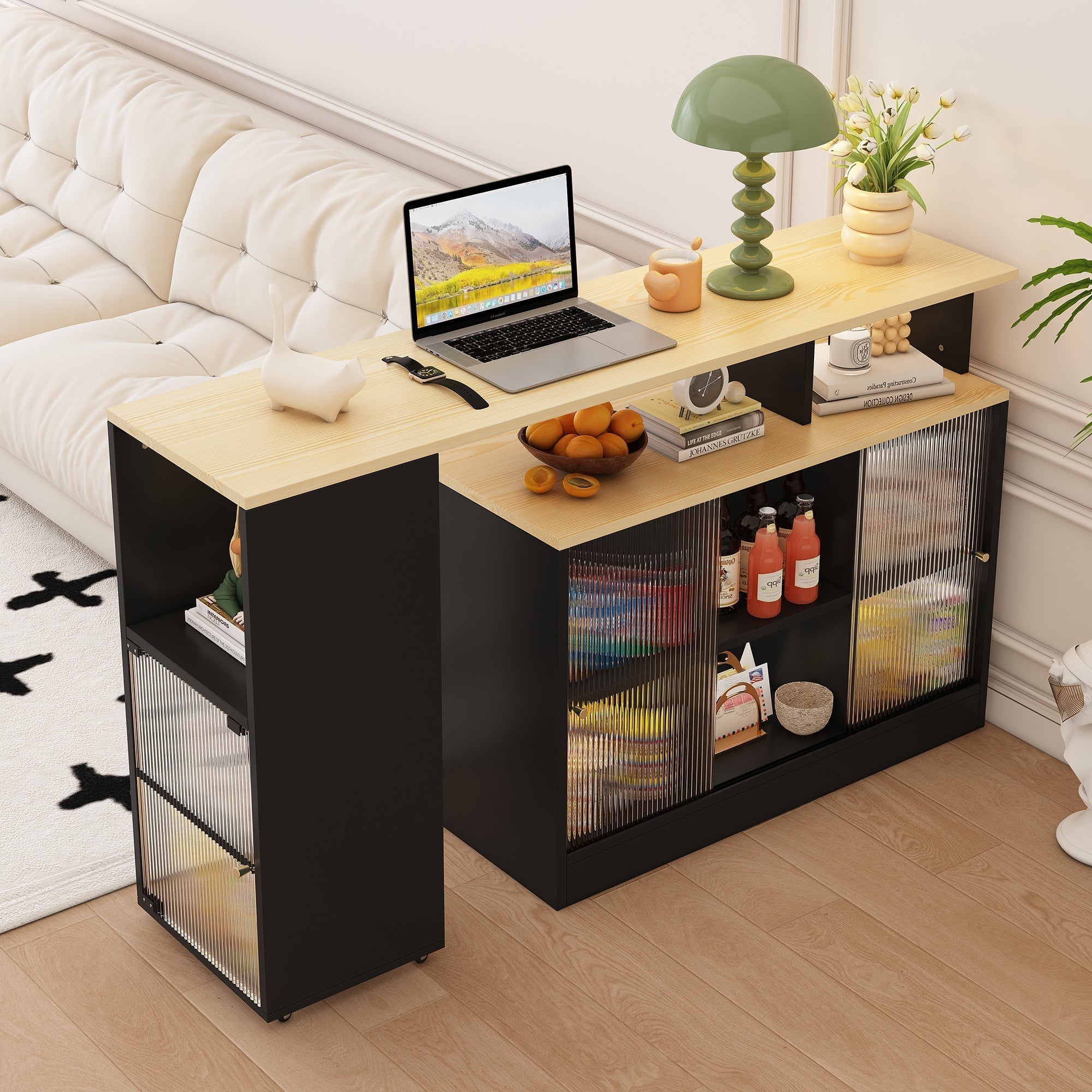 Extendable Bar Table Movable Swivel Storage Black