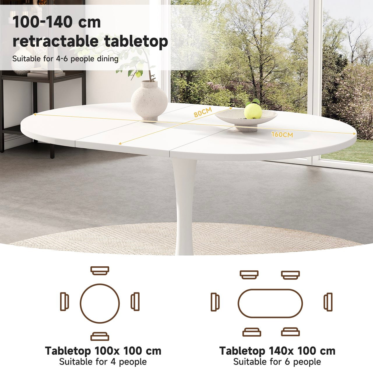 Modern Extendable Round Dining Table, 100–140 cm, 4–6 People, Space-Saving, White