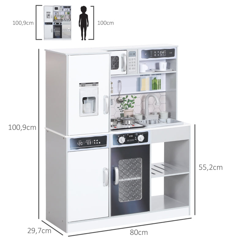AIYAPLAY Play Kitchen Set, Stainless Steel Dishes, Stove, Sink with Water Circulation, Light & Sound Effects, White