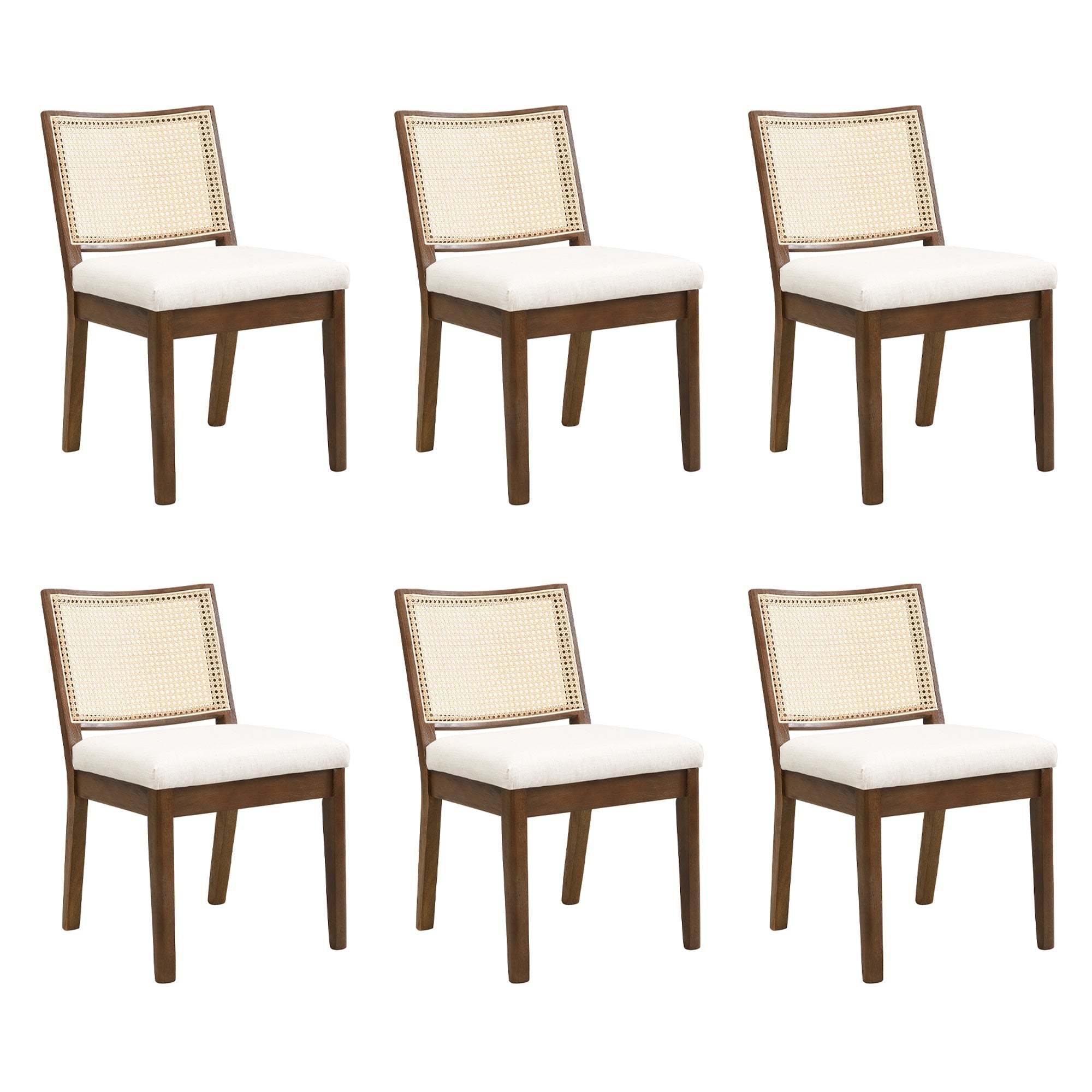Solid Wood Dining Chairs with Rattan Backrests, Set of 6, Walnut and Linen
