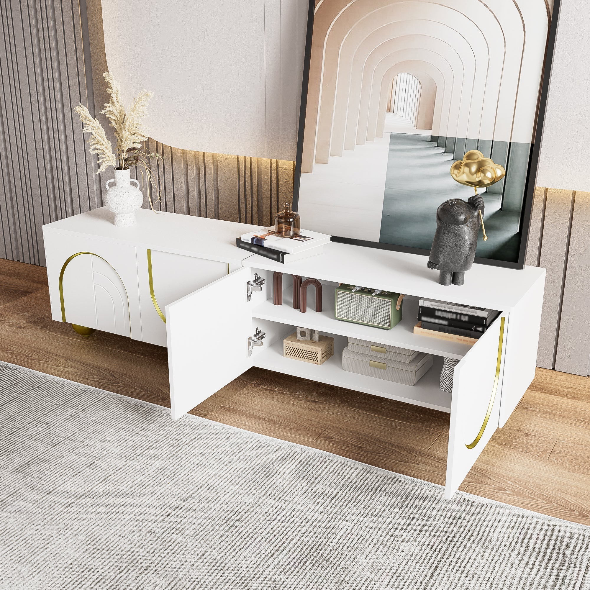 TV Lowboard with Textured Doors, Drawers & Open Compartments - Gold
