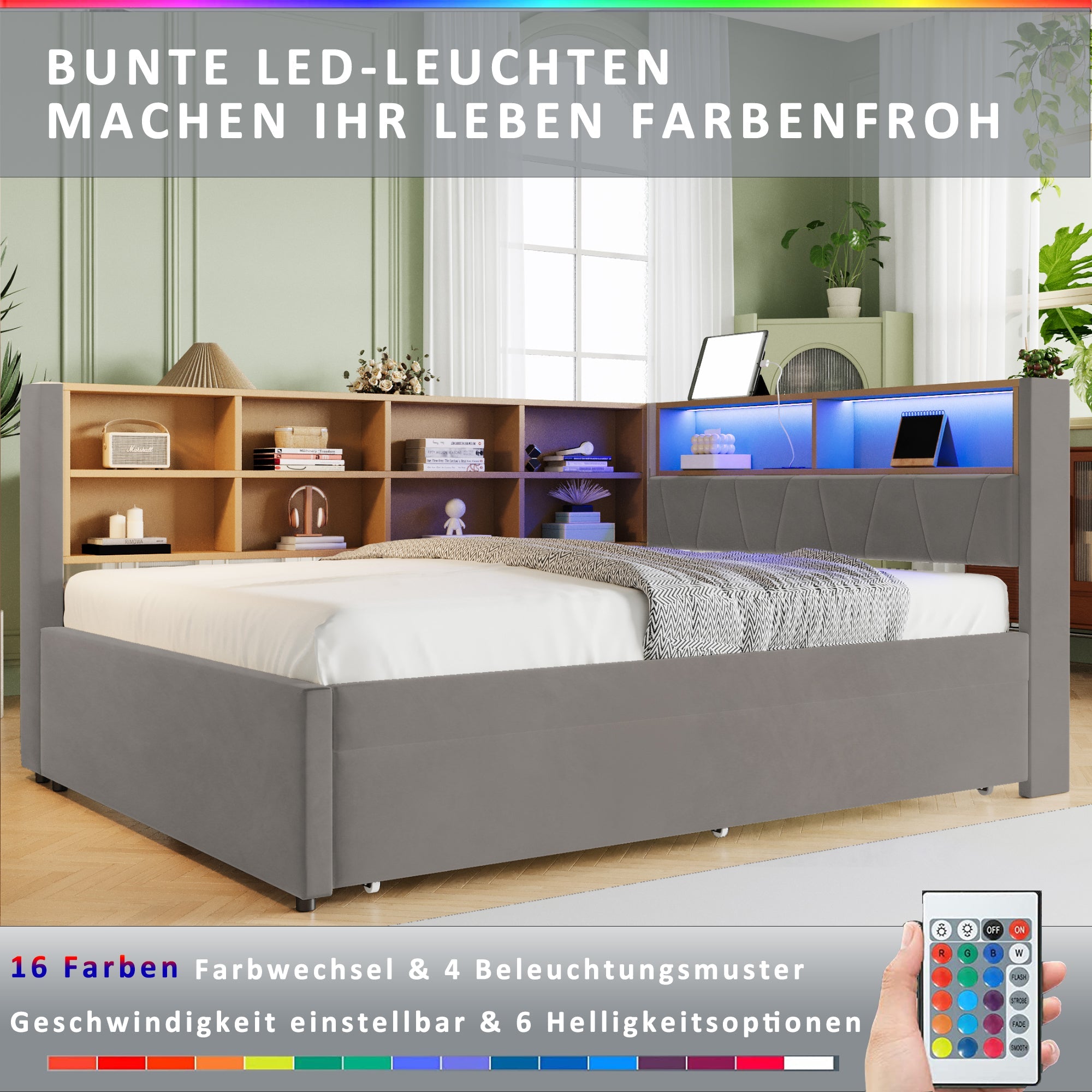 Sofa Bed 140x200 Pull-out LED Storage, Flannel Dark Gray