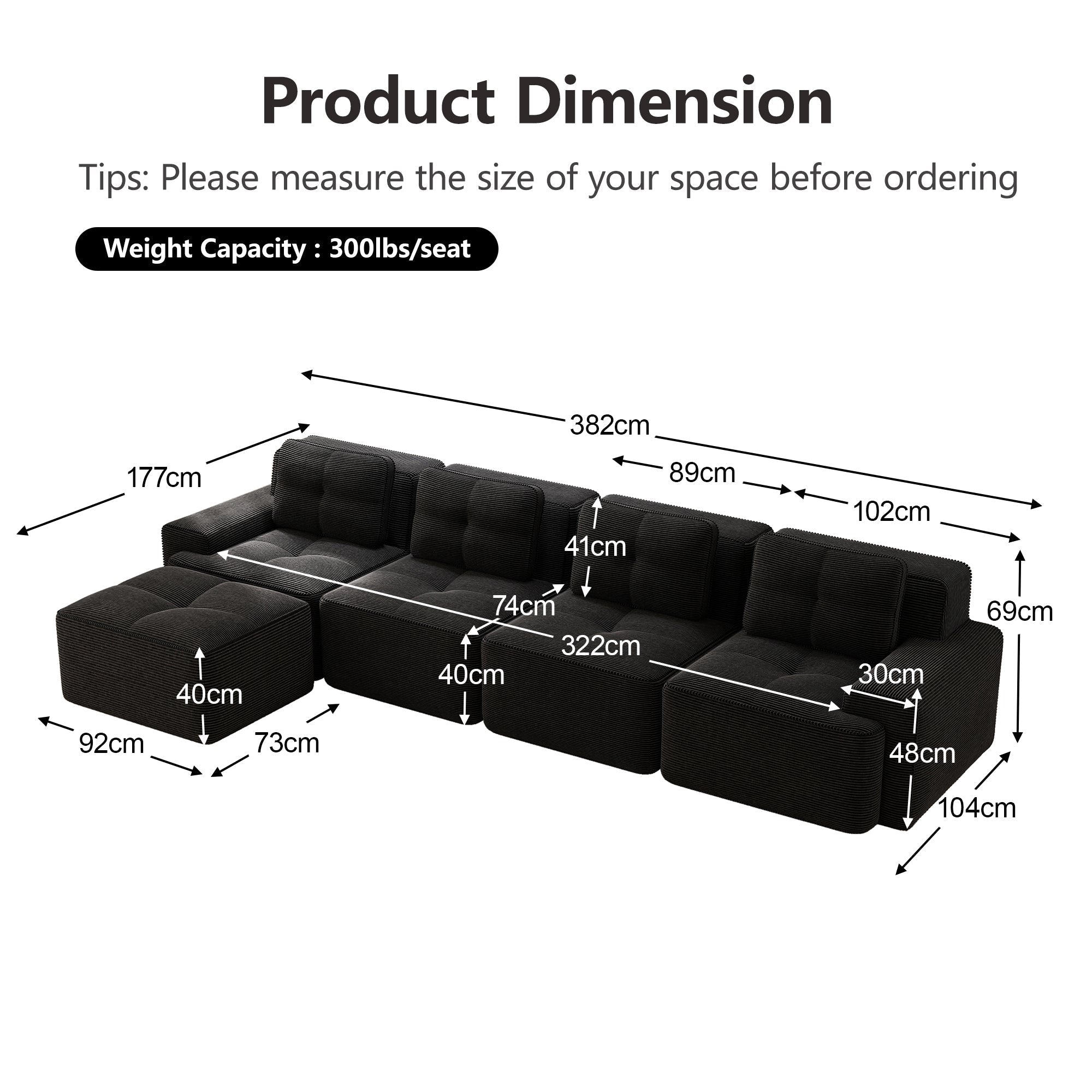 Boneless Modular Sofa L-Shaped Chaise 4-Seater Deep-Seat - Corduroy Black