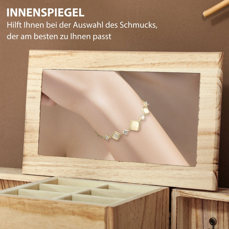 Schmuckkasten, 4-lagig mit Spiegel, Holzbraun