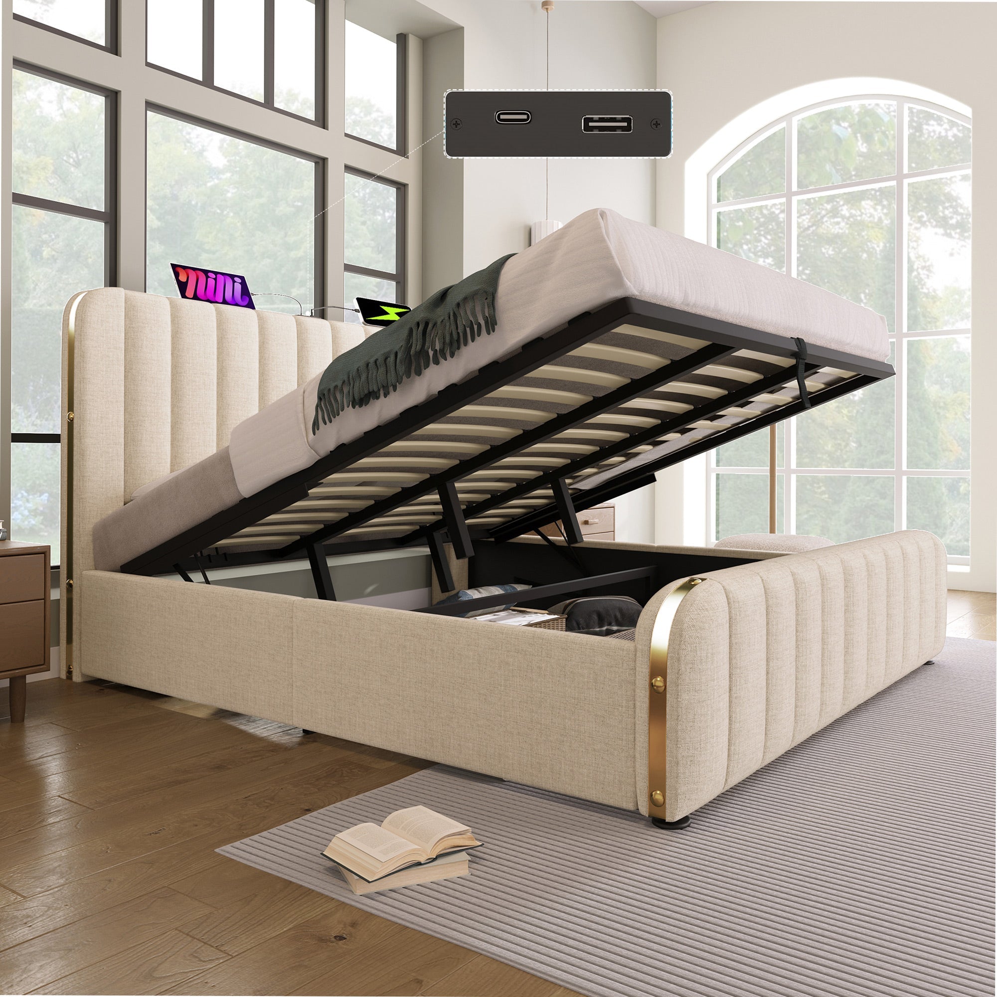 Upholstered Bed with Double Padded Headboard, USB Type-C and Hydraulic Storage, 180x200cm, Beige Linen with Mattress