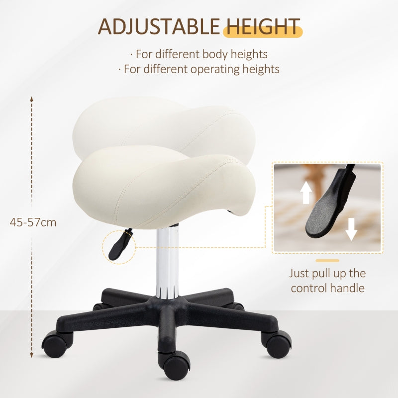 Saddle Stool Adjustable Rolling Salon Chair Steel Frame, PU Leather White