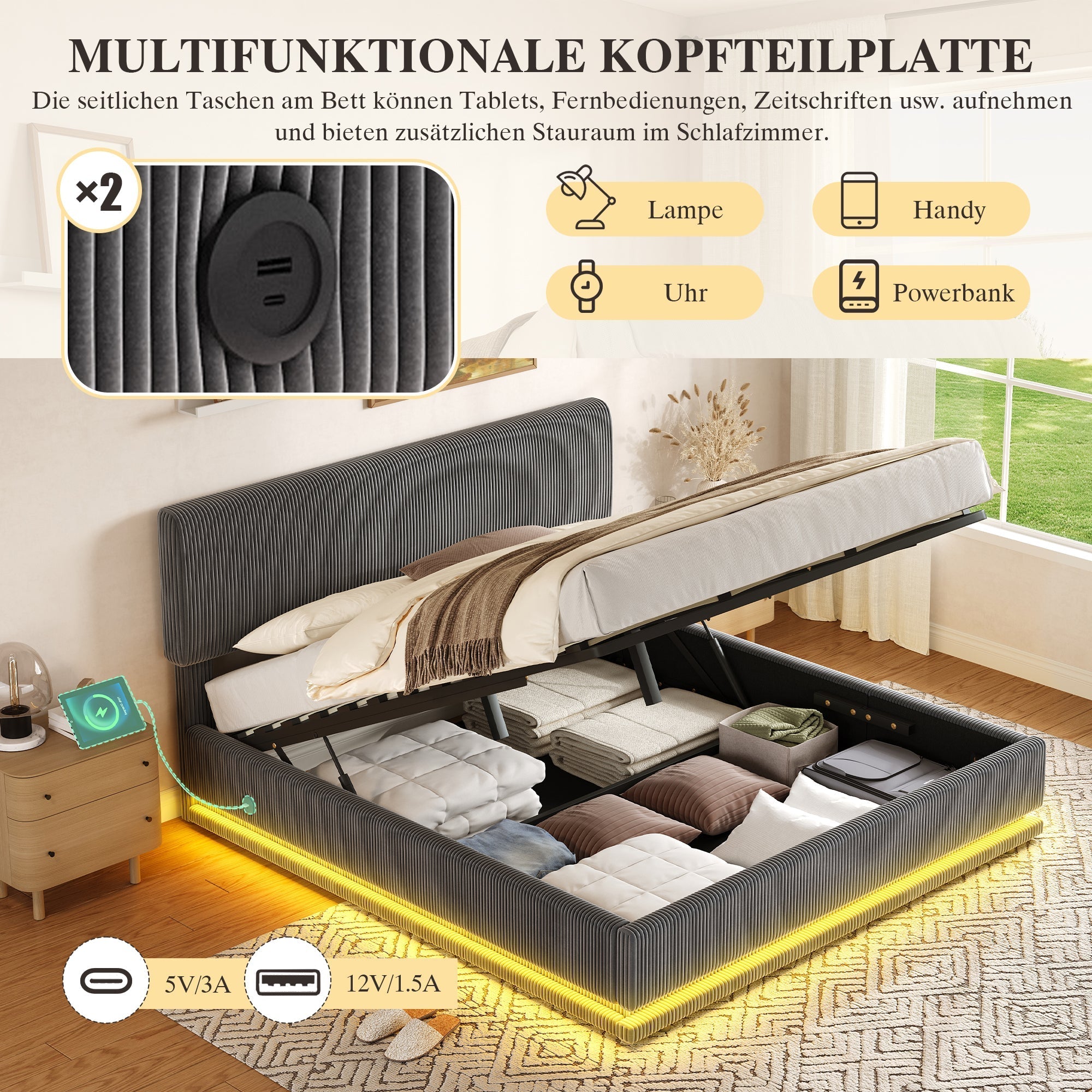 Modern Upholstered Bed with LED Lighting, USB-C Charging and Under-Bed Storage, Gray Corduroy