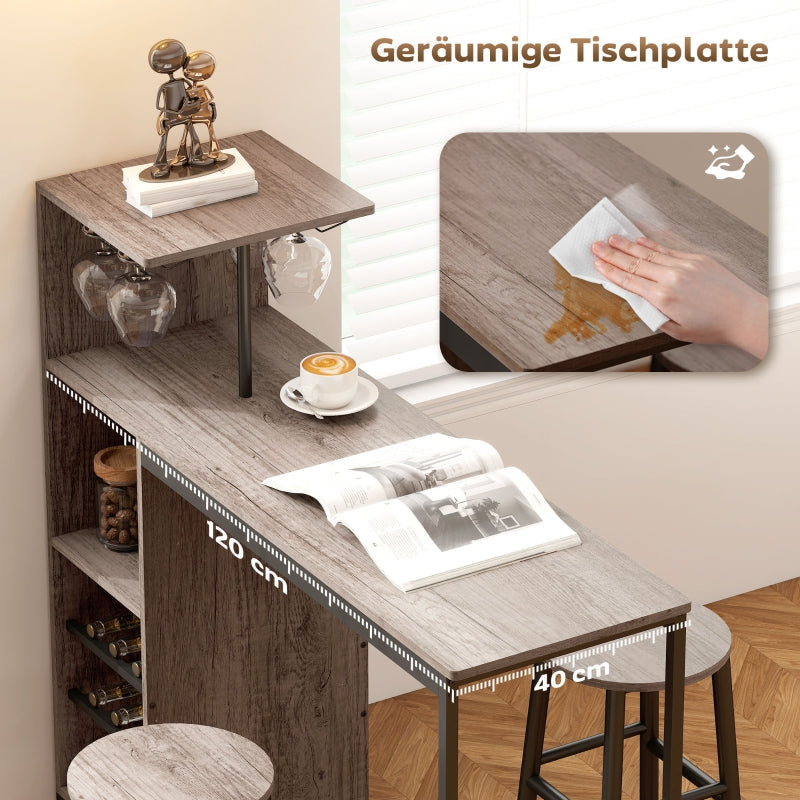 3-Piece Bar Table Set, Storage Wine Racks Footrest Stools, Grey