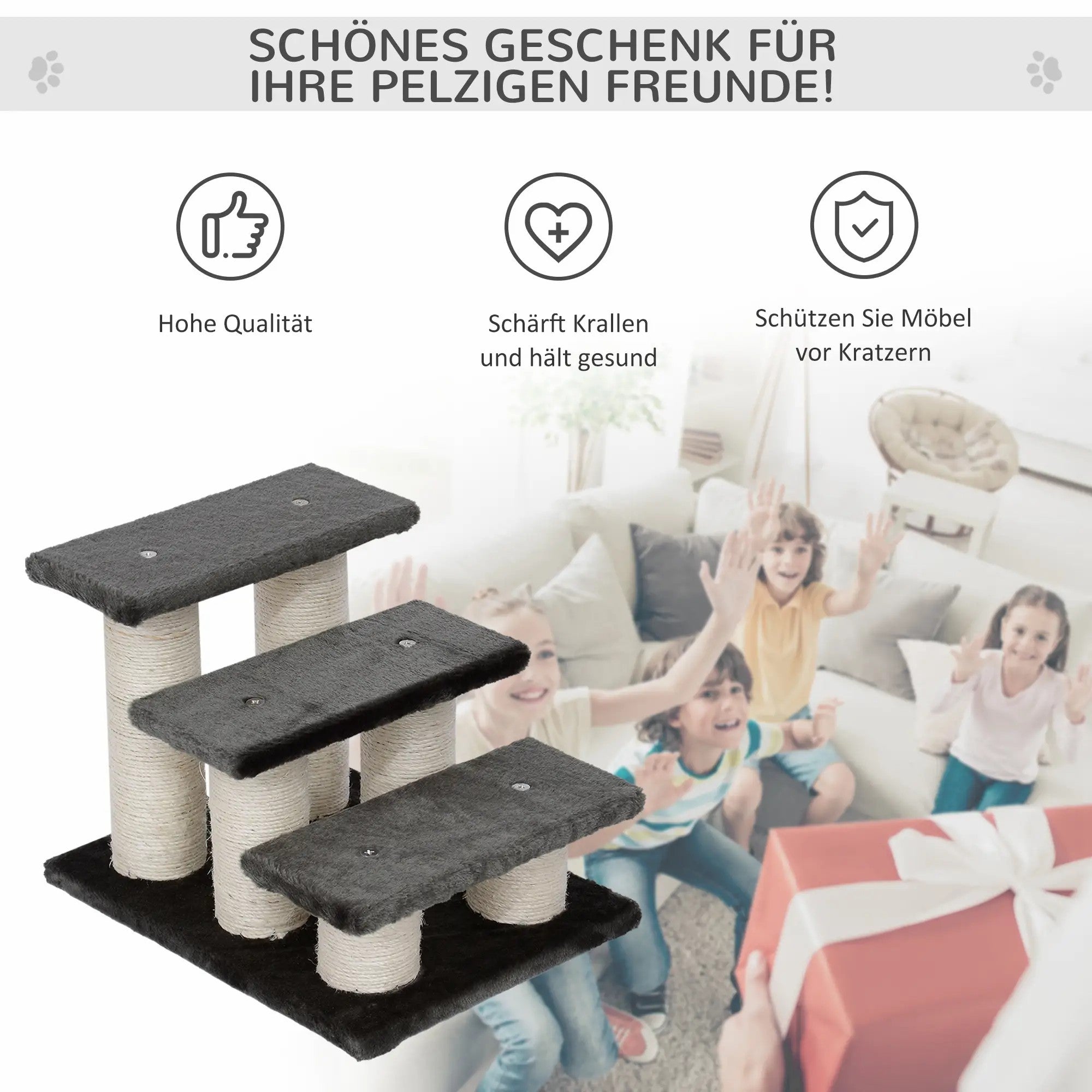 Haustiertreppe 3-stufig für einfachen Ein- und Ausstieg Plüsch Dunkelgrau