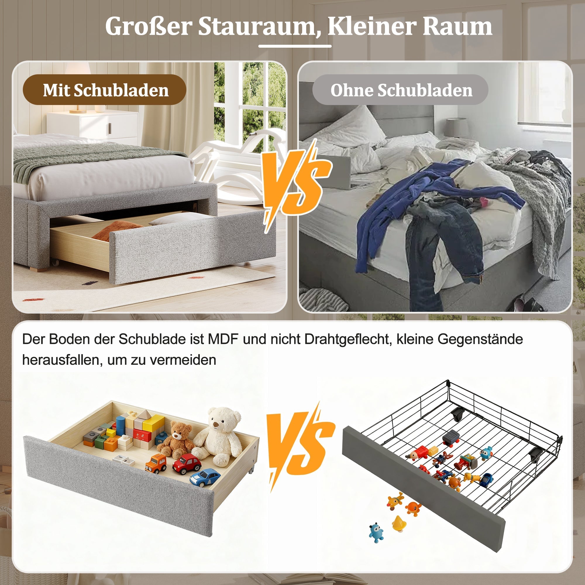 Upholstered Bed, Functional Storage Slatted Frame, Chenille Gray