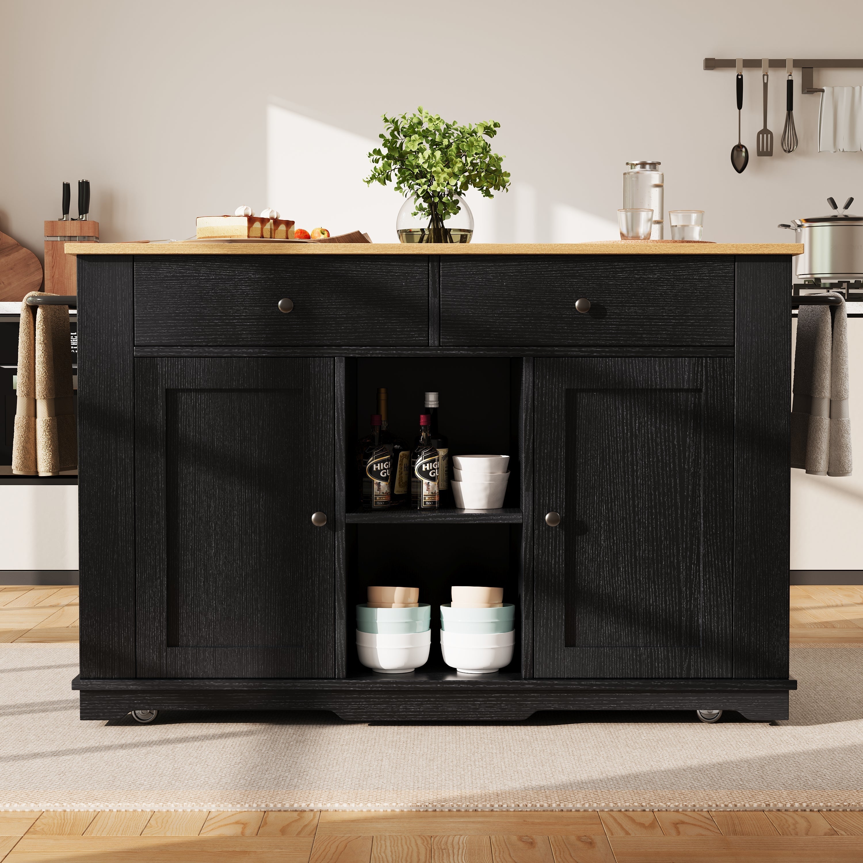Kitchen Island with Power Strip and Wood Grain, Black