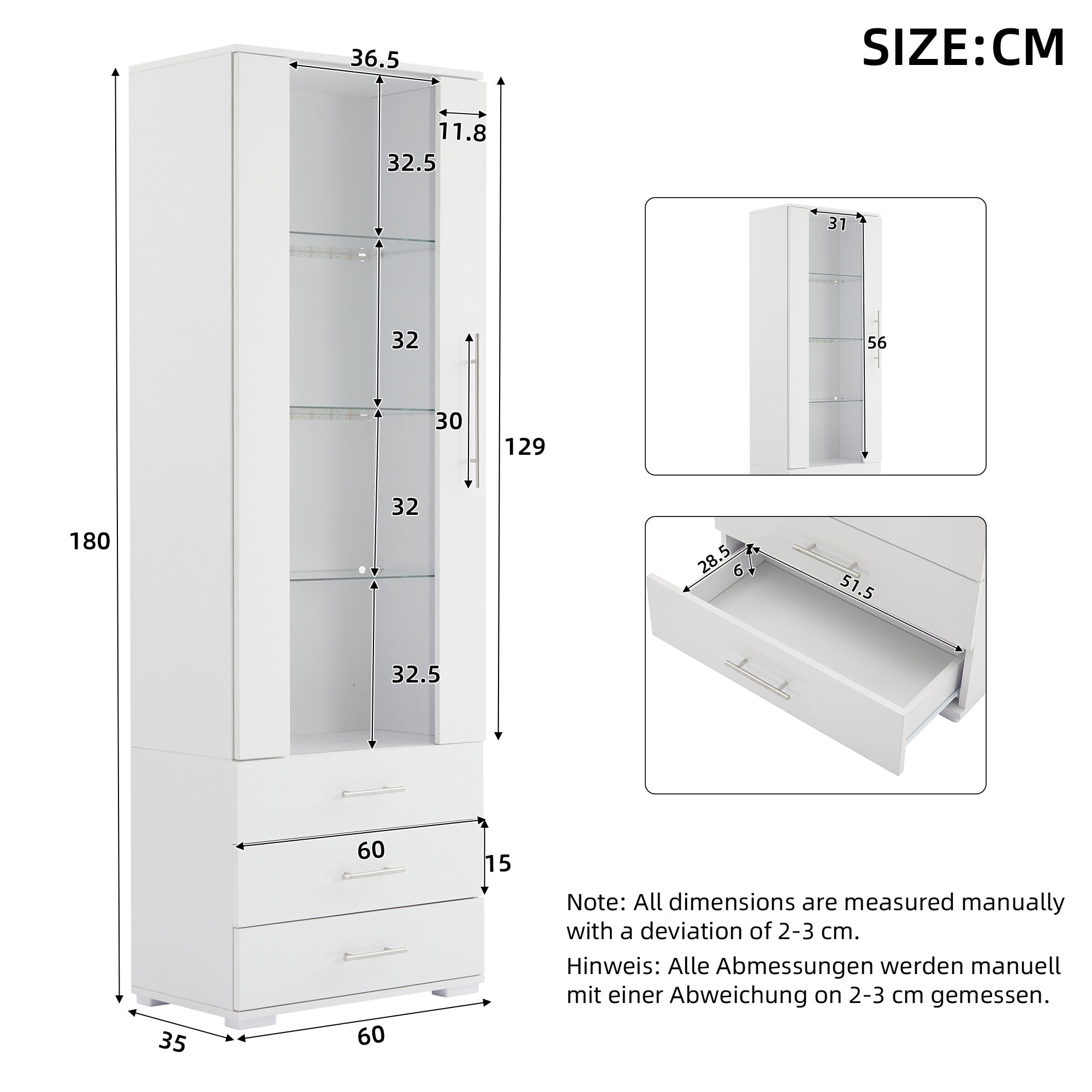 Display Cabinet Freestanding LED Glass 3 Drawers 60x35x180cm, High-Gloss White