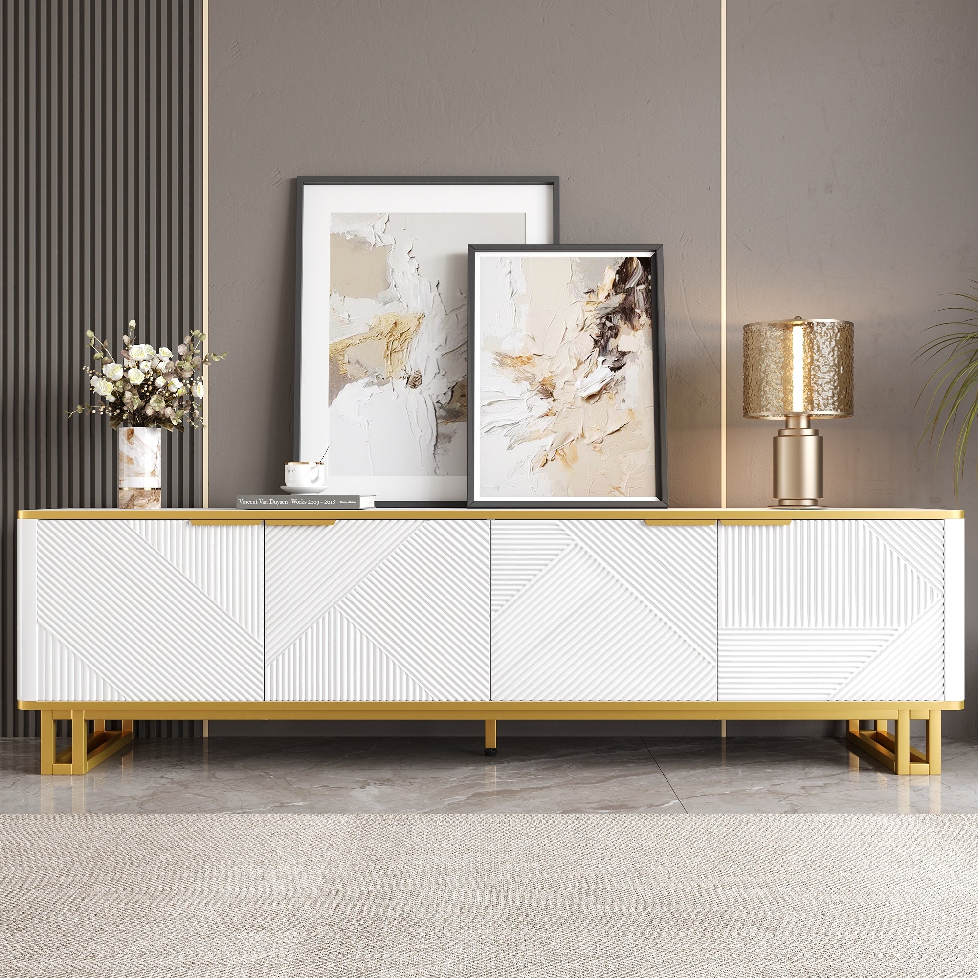 TV Cabinet Four Doors Geometric Texture 160x37.5x48cm White