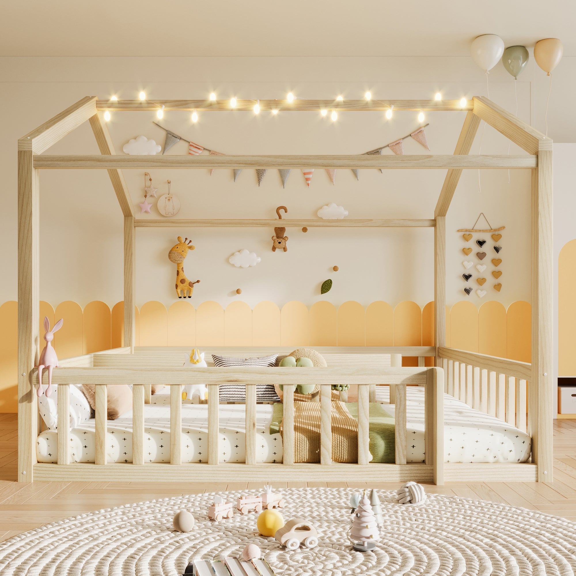 Children's Flatbed Expandable 90/180x190cm House Railing LED Pine Wood Natural