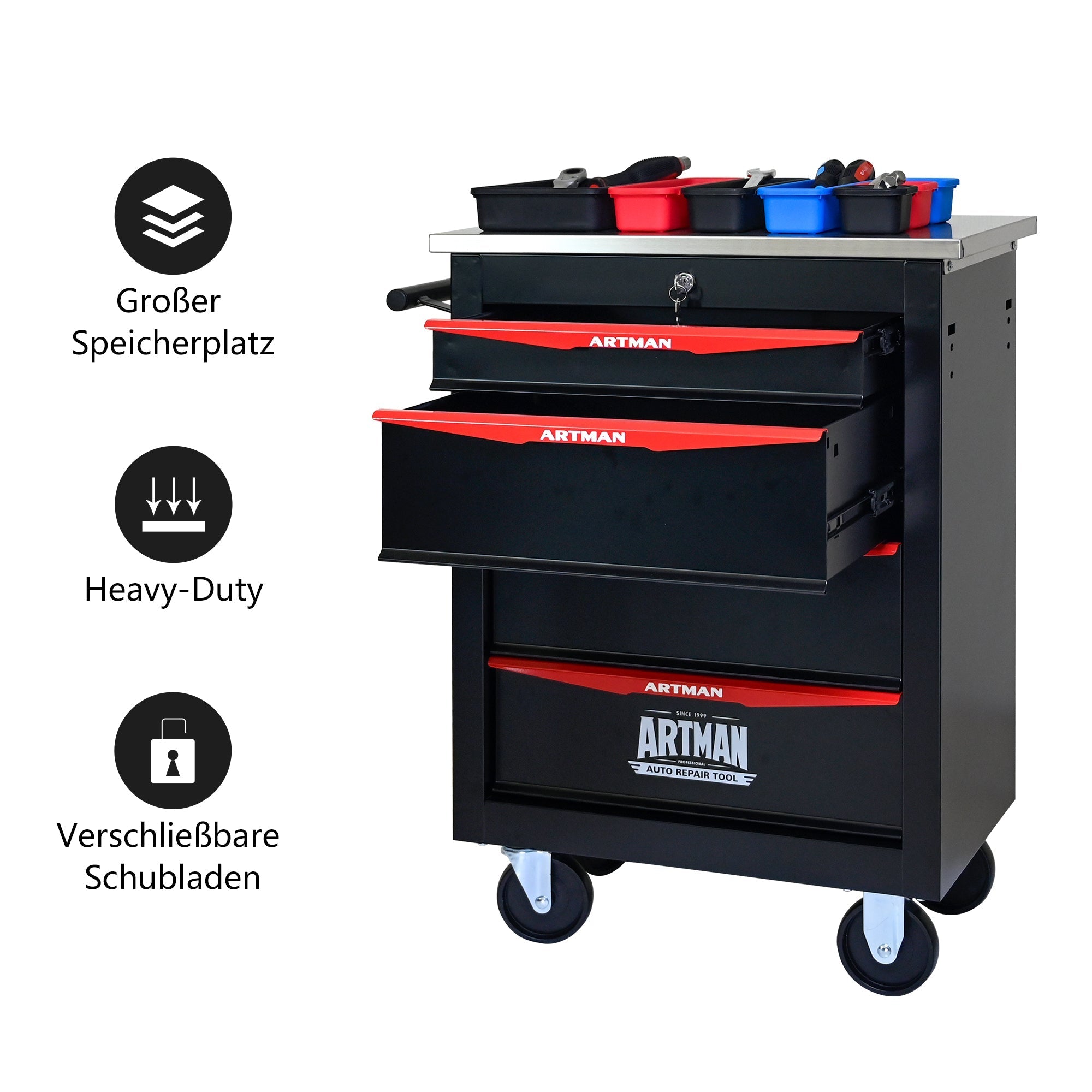 Tool Trolley 4-Drawer Metal Rolling Storage with Stainless Steel Roof Black & Red