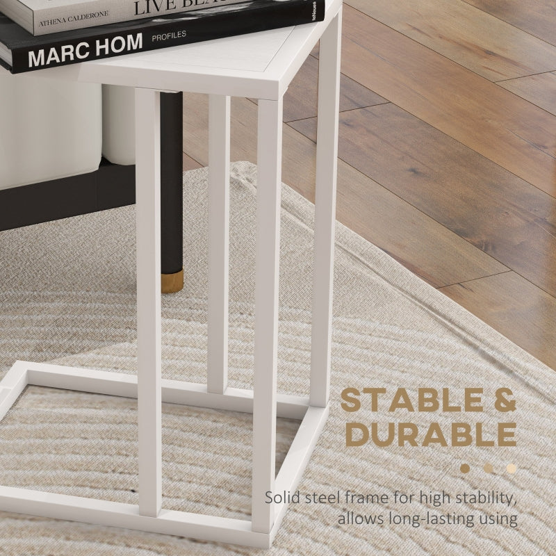 C Shape Bedside Table, Narrow Snack End Table, Metal Frame Wood-Effect Top, White