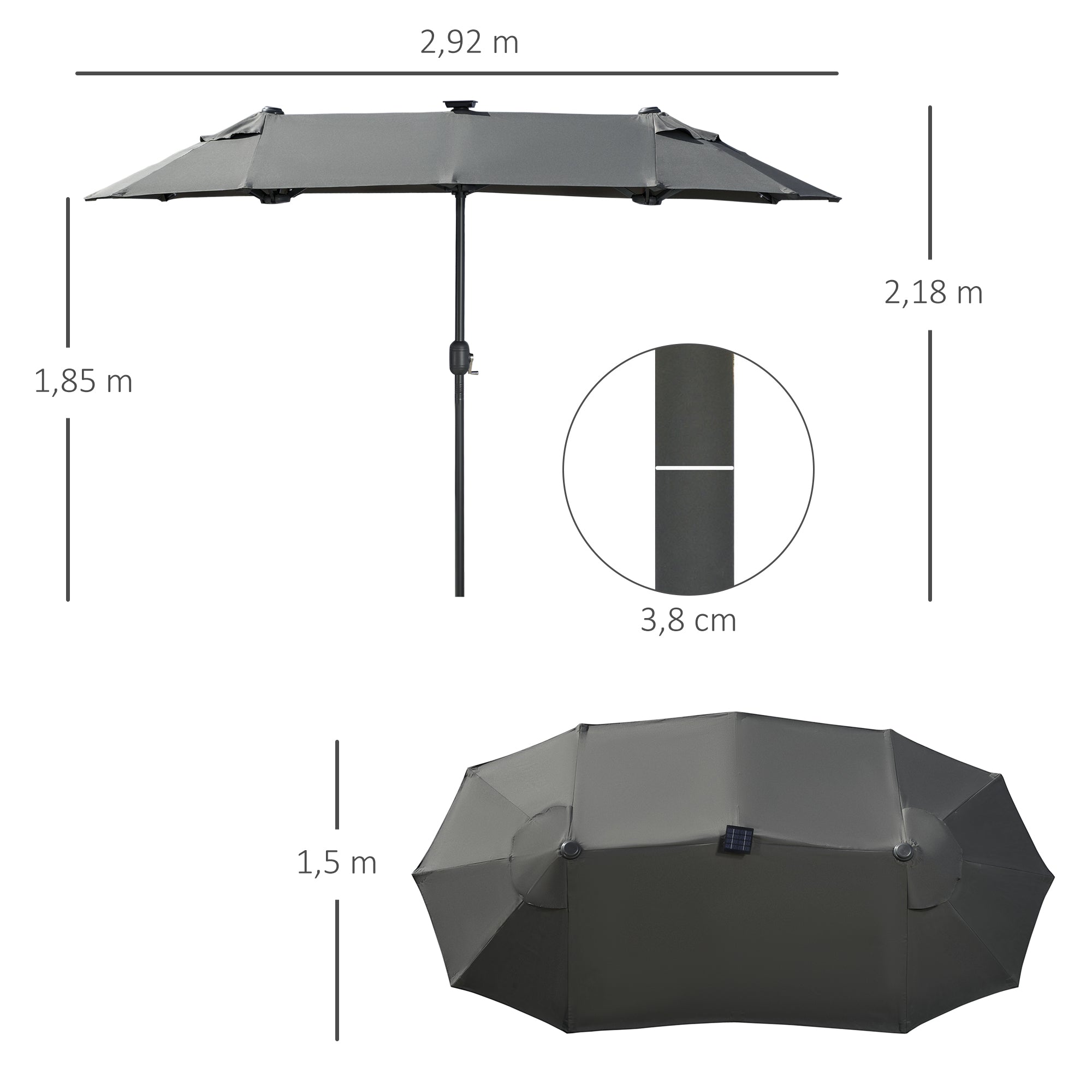 Double Parasol 295x219cm LED Windproof Adjustable Tilt Dark Grey/Polyester/Steel
