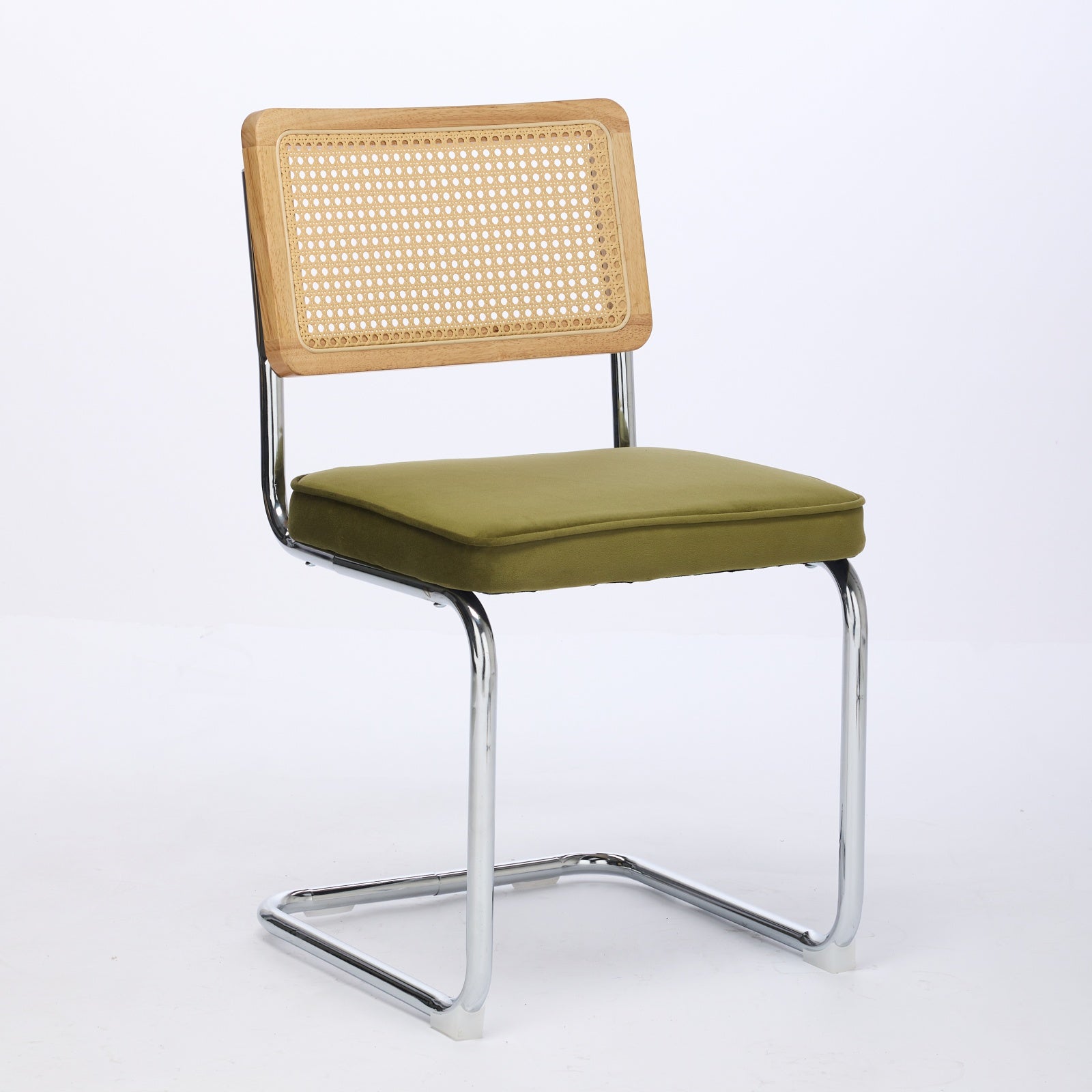 Dining Chairs Set of 2 Mid Century Modern Velvet Cane Back Chrome Base - Olive Green