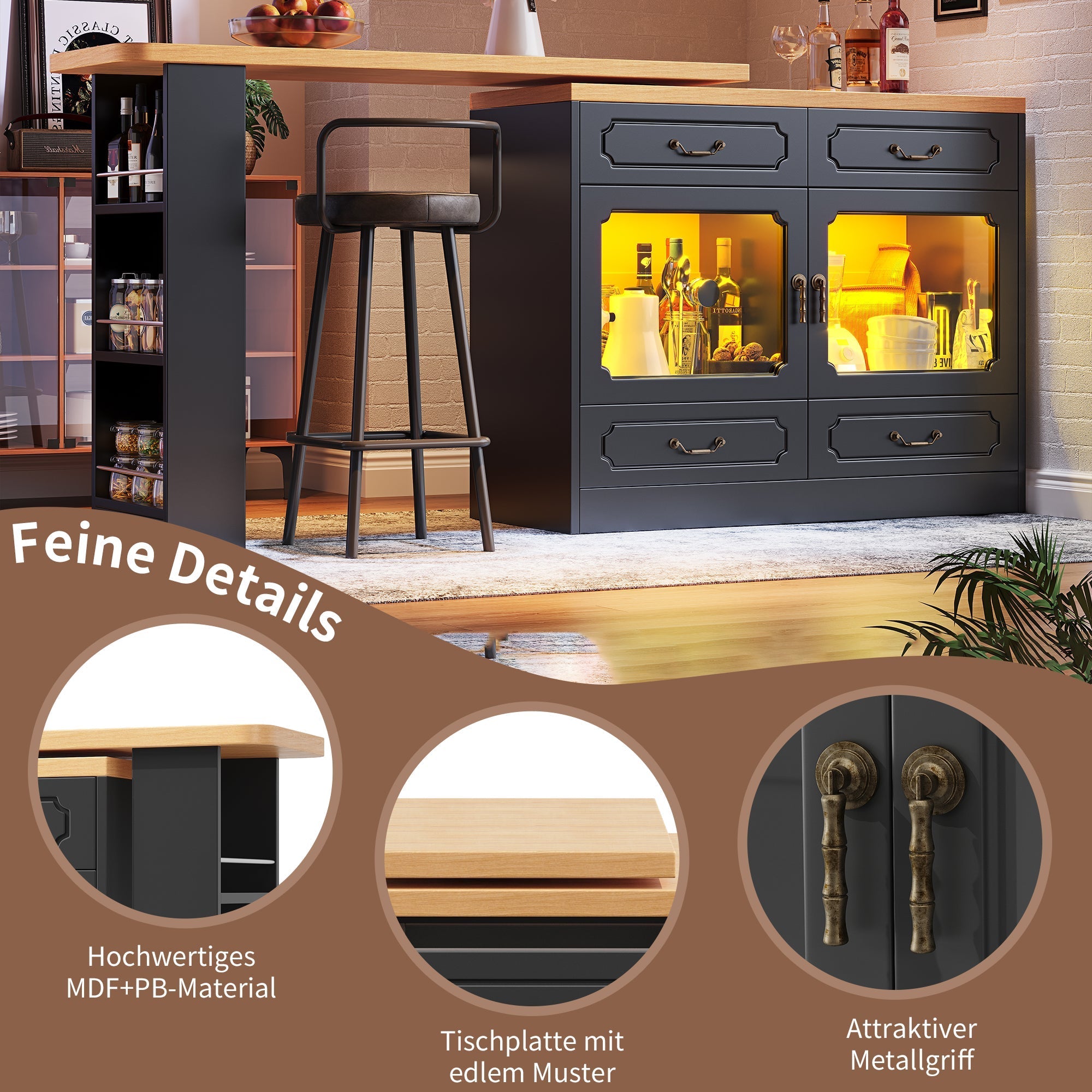 Extendable Bar Table 360° Rotating Storage LED 135-203cm - Black