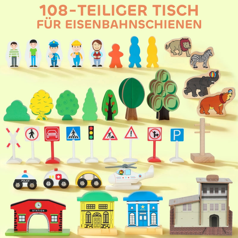 Play Table 108-Piece Wooden Train Set Removable Tabletop - Blue