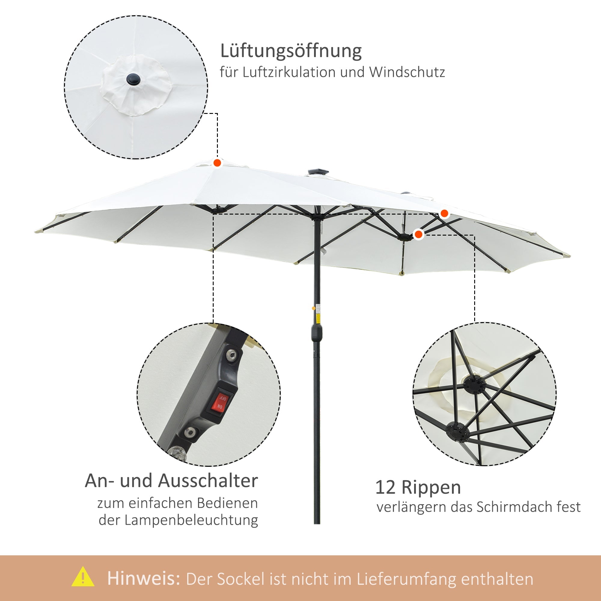 Parasol 4.5m Double Oval LED Solar Garden Patio Black/Cream White