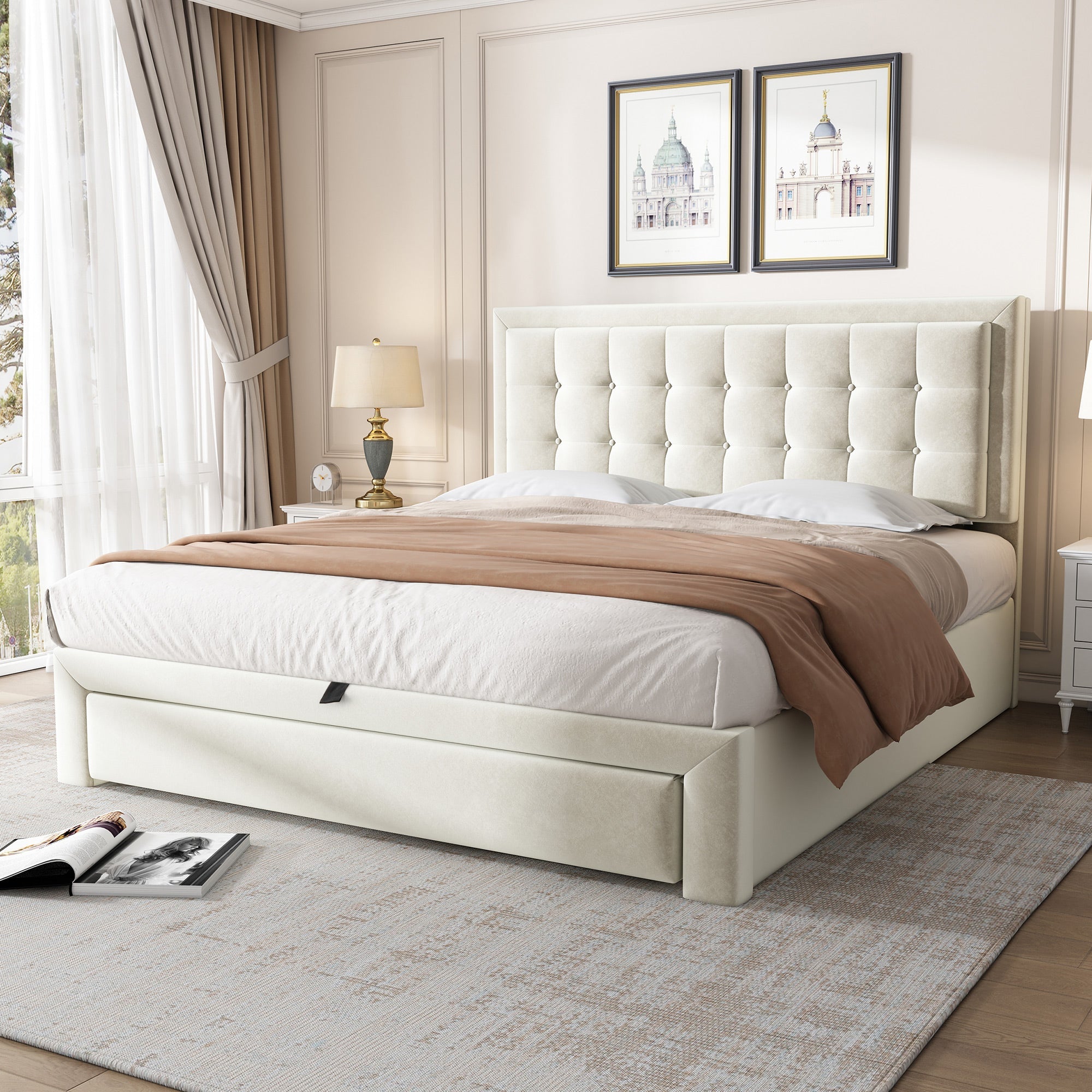 Upholstered Bed Double 4ft6 (135x190cm) with Storage, Slats & Headboard, Velvet Cream
