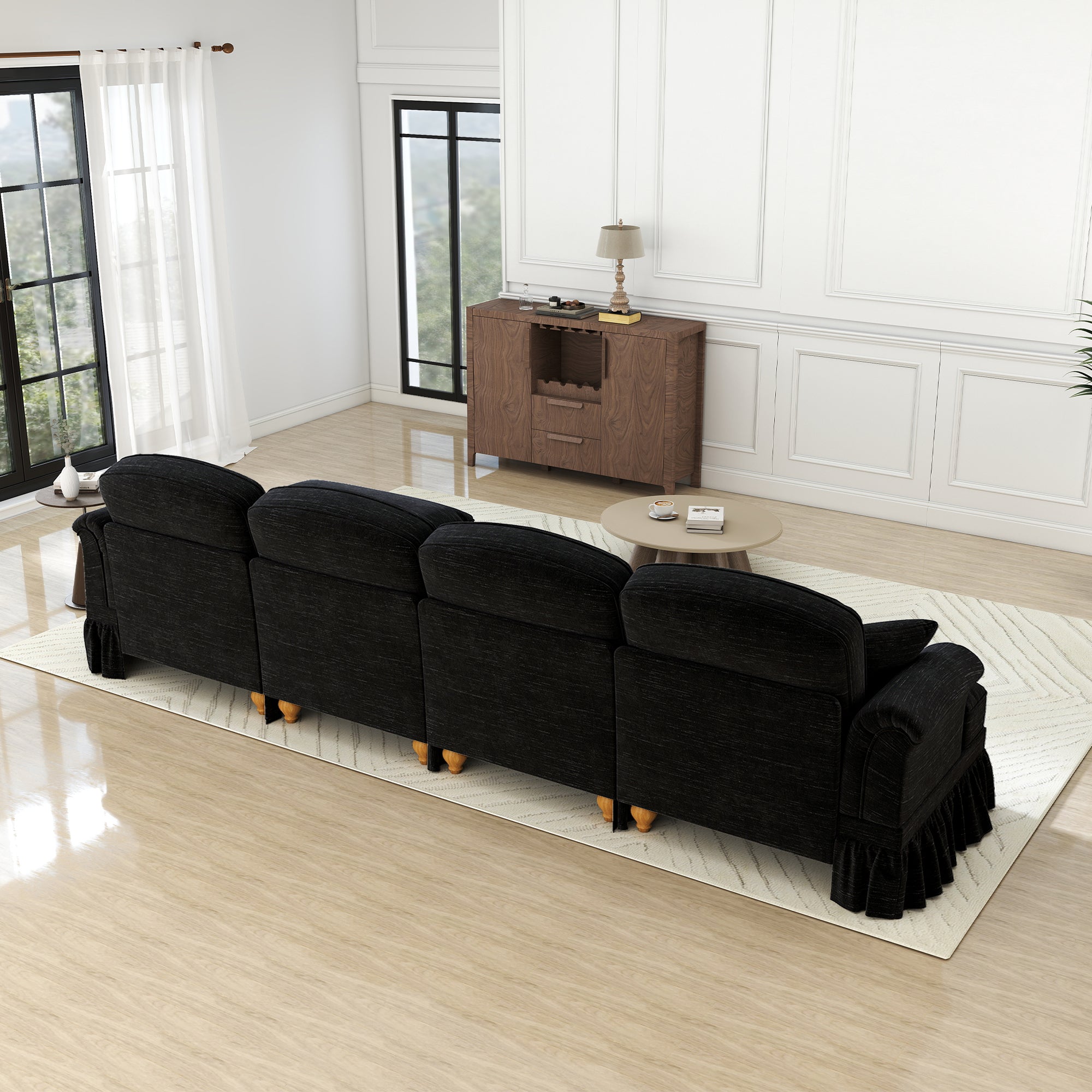 Classic L-Shaped Modular Sofa 4-Seater Movable Ottoman - Chenille Black