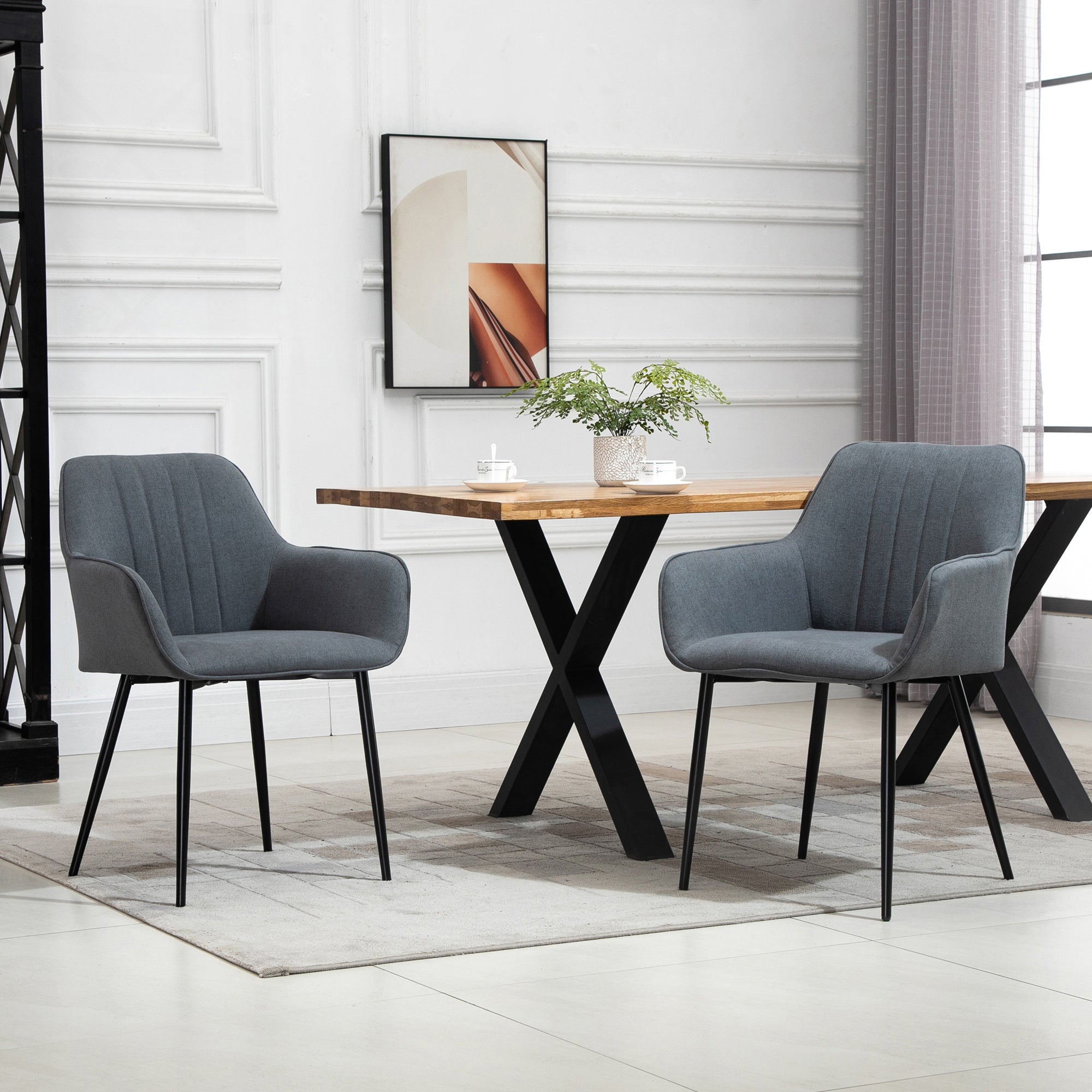 Dining Chairs Set of 2, Upholstered with Backrest and Armrests, Linen Dark Grey
