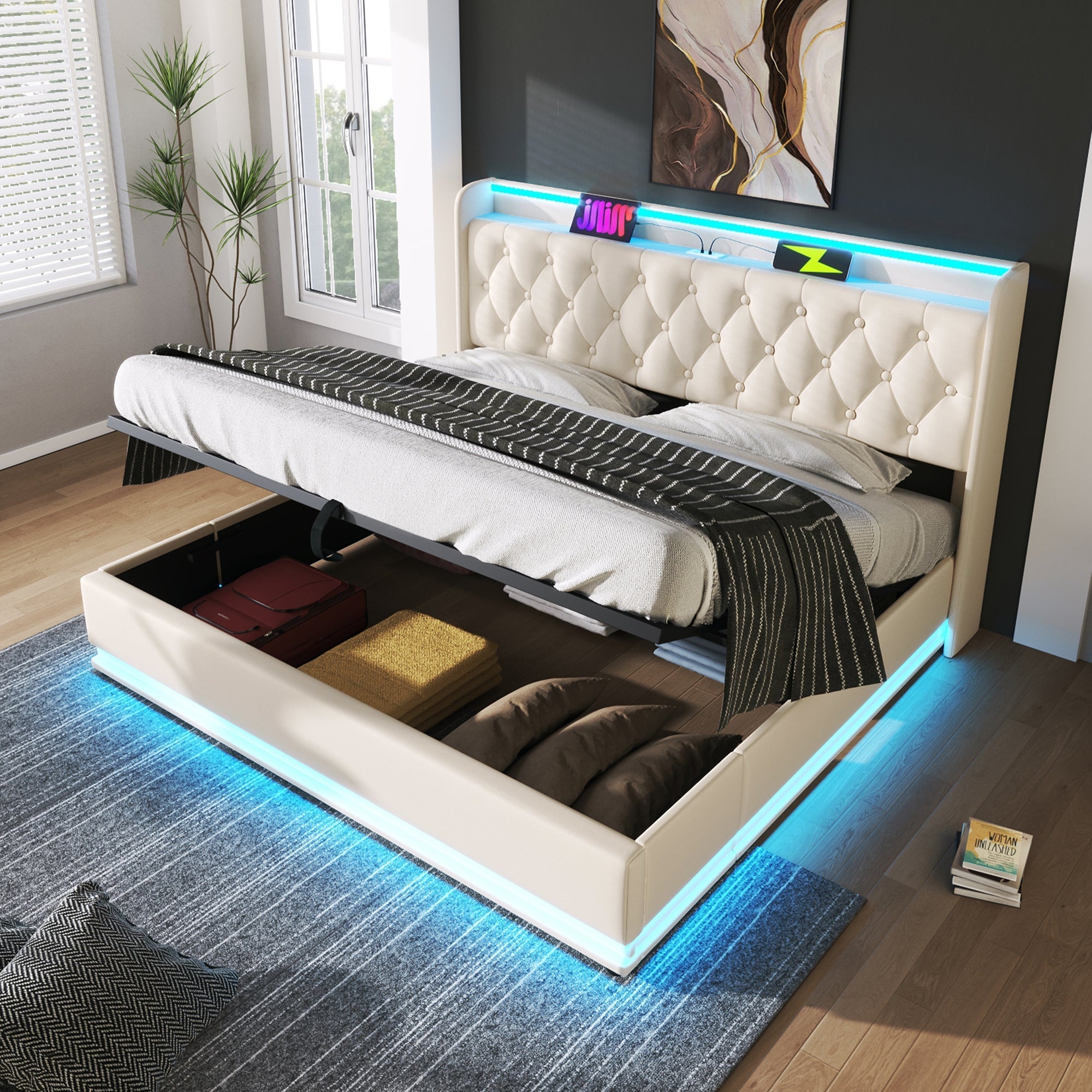 Upholstered Double Bed with Hydraulic Storage, 360 Degree LED and USB C Charging, 180x200cm, White PU Leather